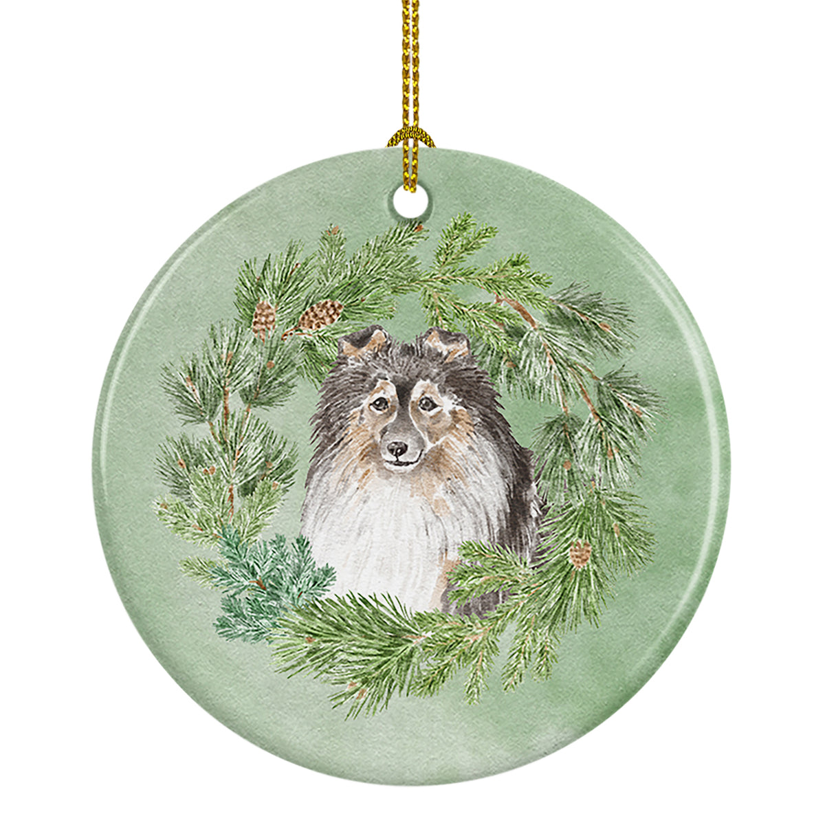 Buy this Sheltie/Shetland SheepdogTricolor Smiling #2 Christmas Wreath Ceramic Ornament