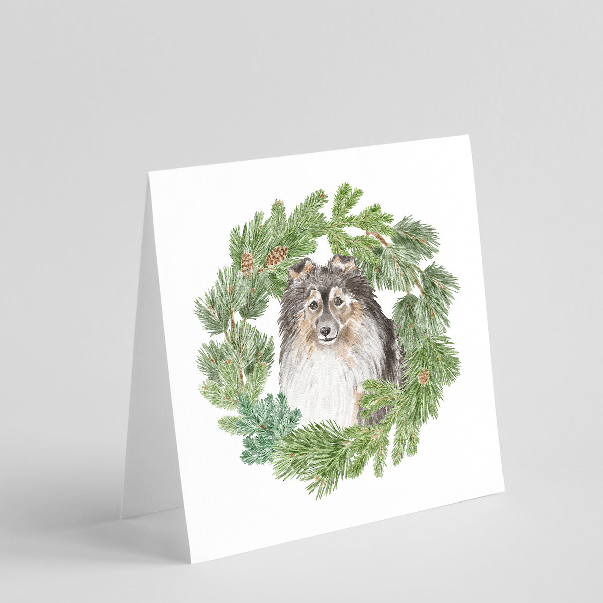 Buy this Sheltie/Shetland Sheepdog Tricolor Smiling #2 with Christmas Wreath Square Greeting Cards and Envelopes Pack of 8