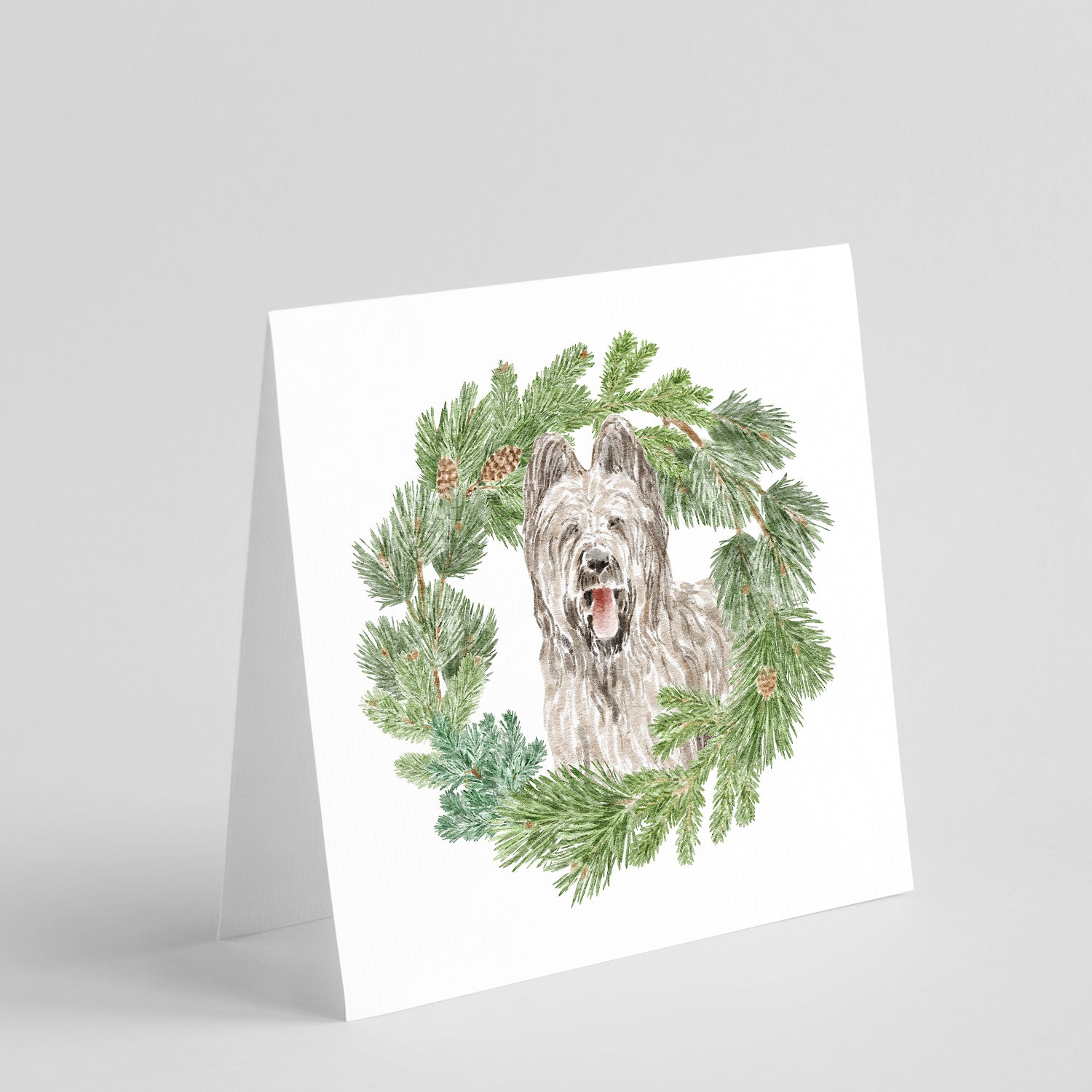 Buy this Briard Smiling Ears Up with Christmas Wreath Square Greeting Cards and Envelopes Pack of 8