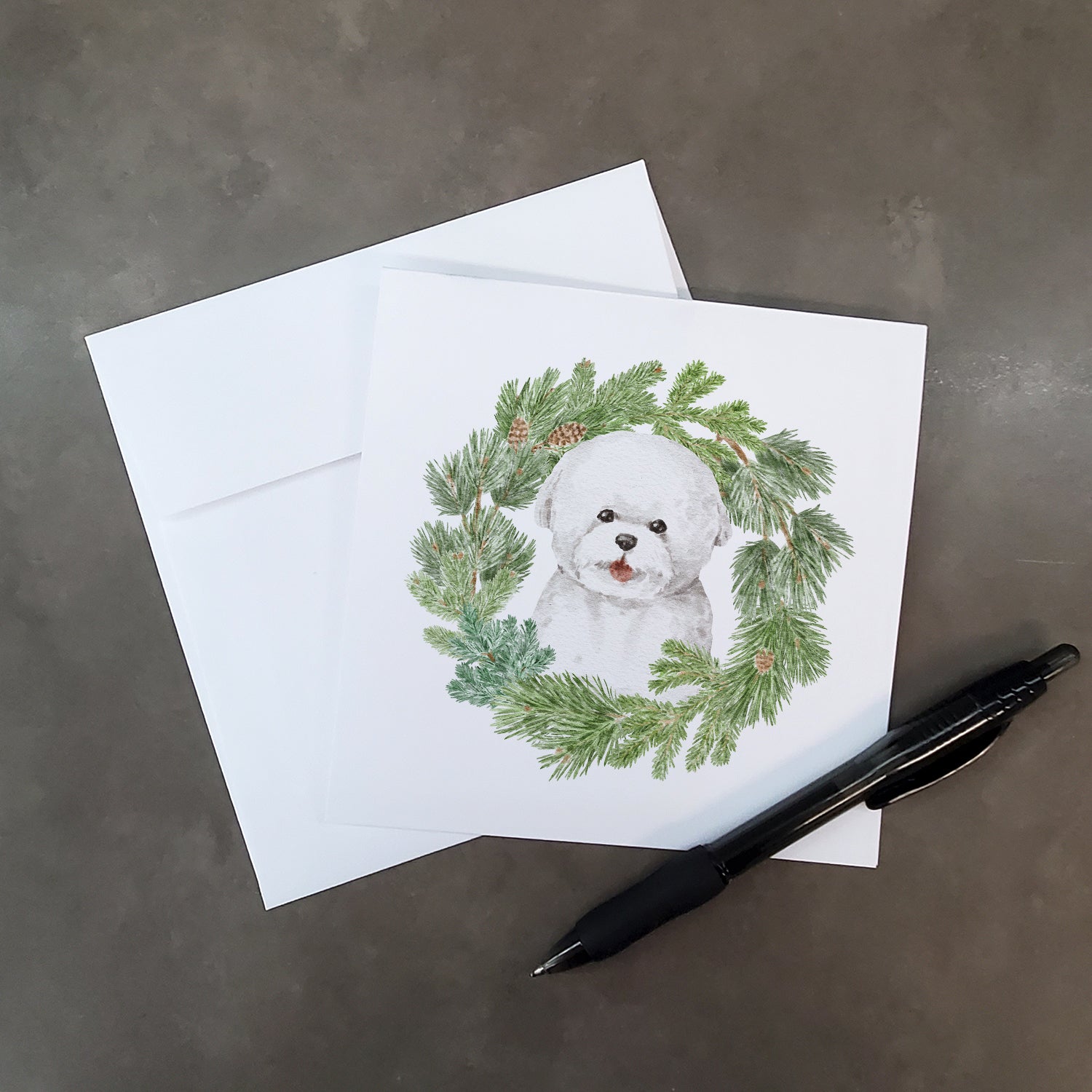 Bichon Frise Smiling with Christmas Wreath Square Greeting Cards and Envelopes Pack of 8 - the-store.com