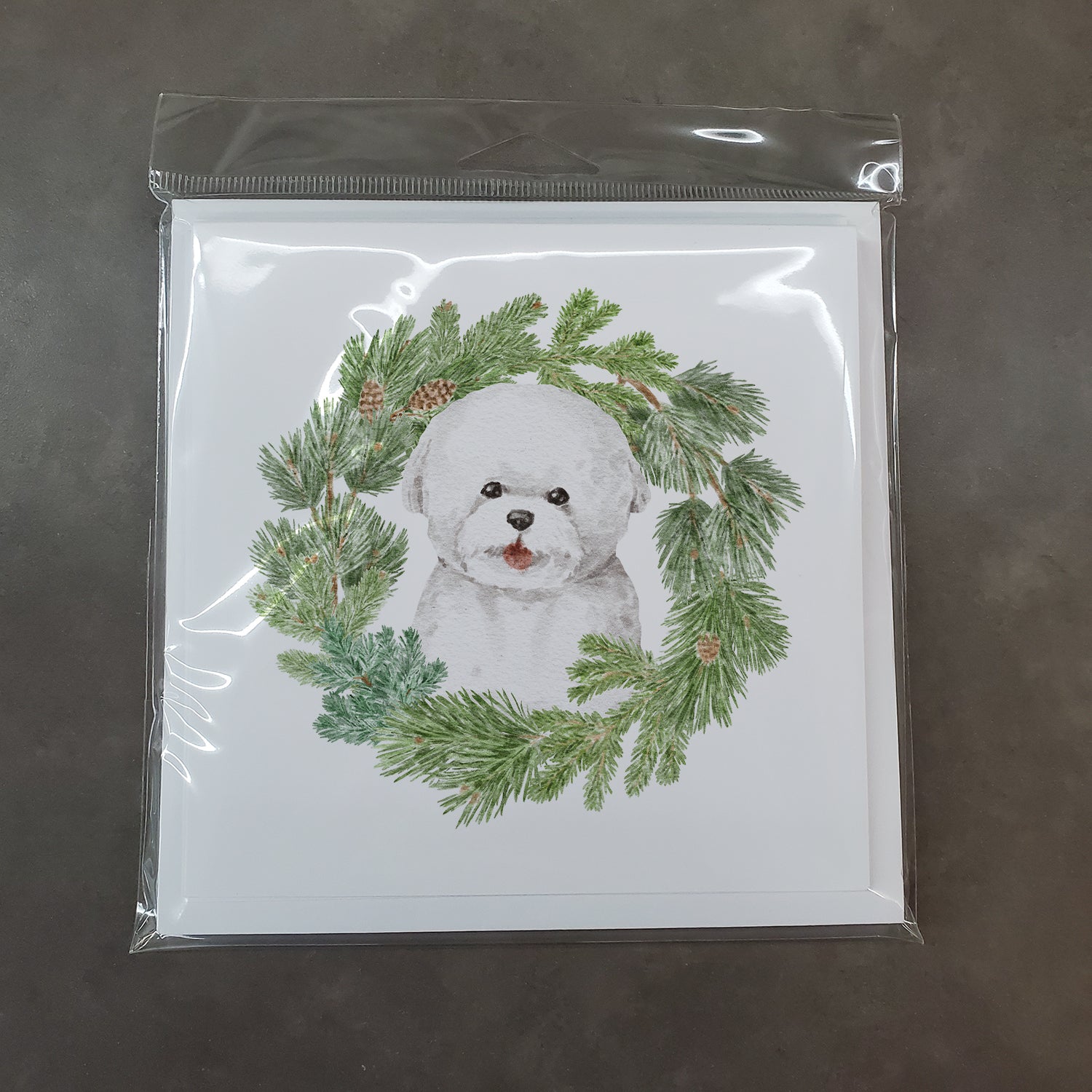 Bichon Frise Smiling with Christmas Wreath Square Greeting Cards and Envelopes Pack of 8 - the-store.com