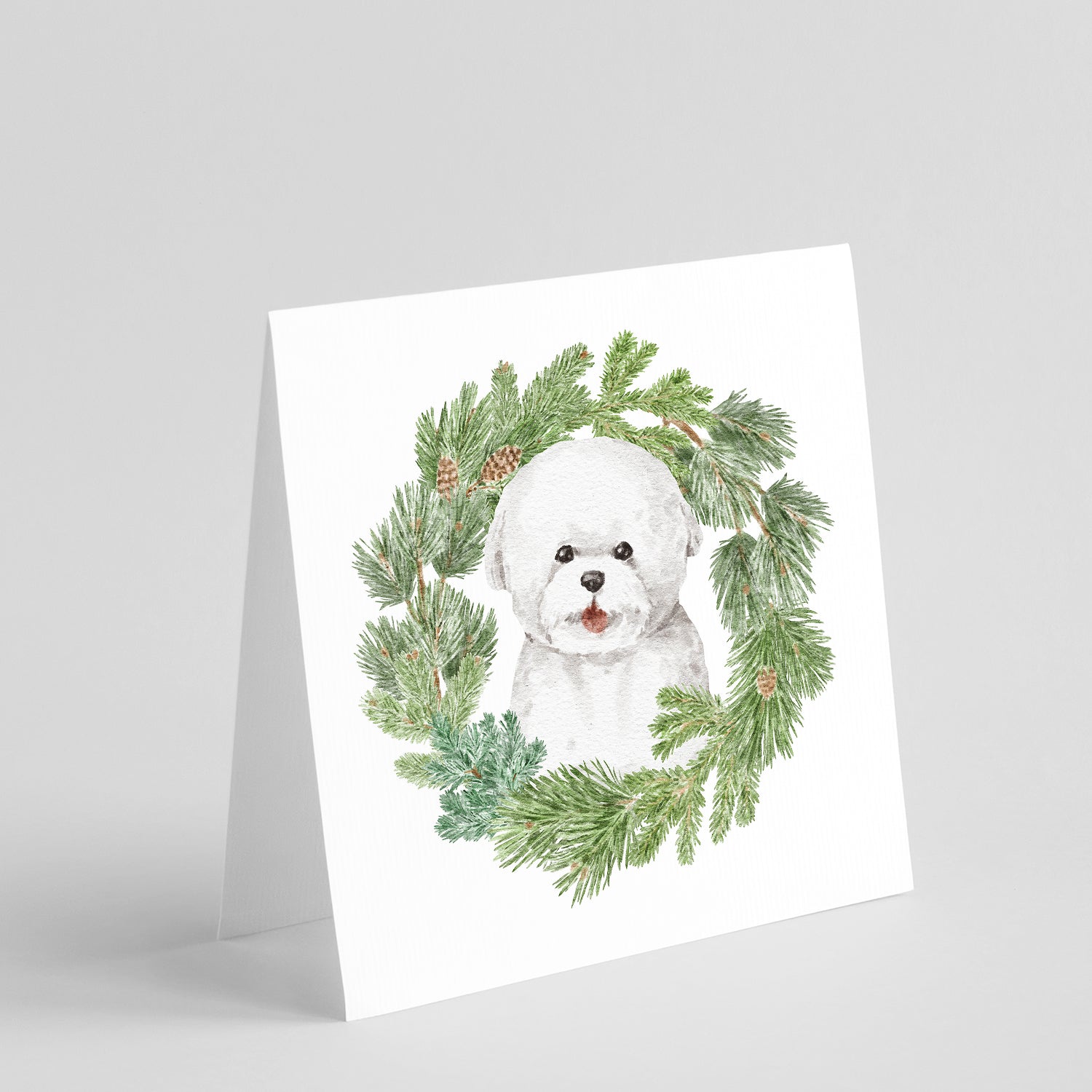Buy this Bichon Frise Smiling with Christmas Wreath Square Greeting Cards and Envelopes Pack of 8