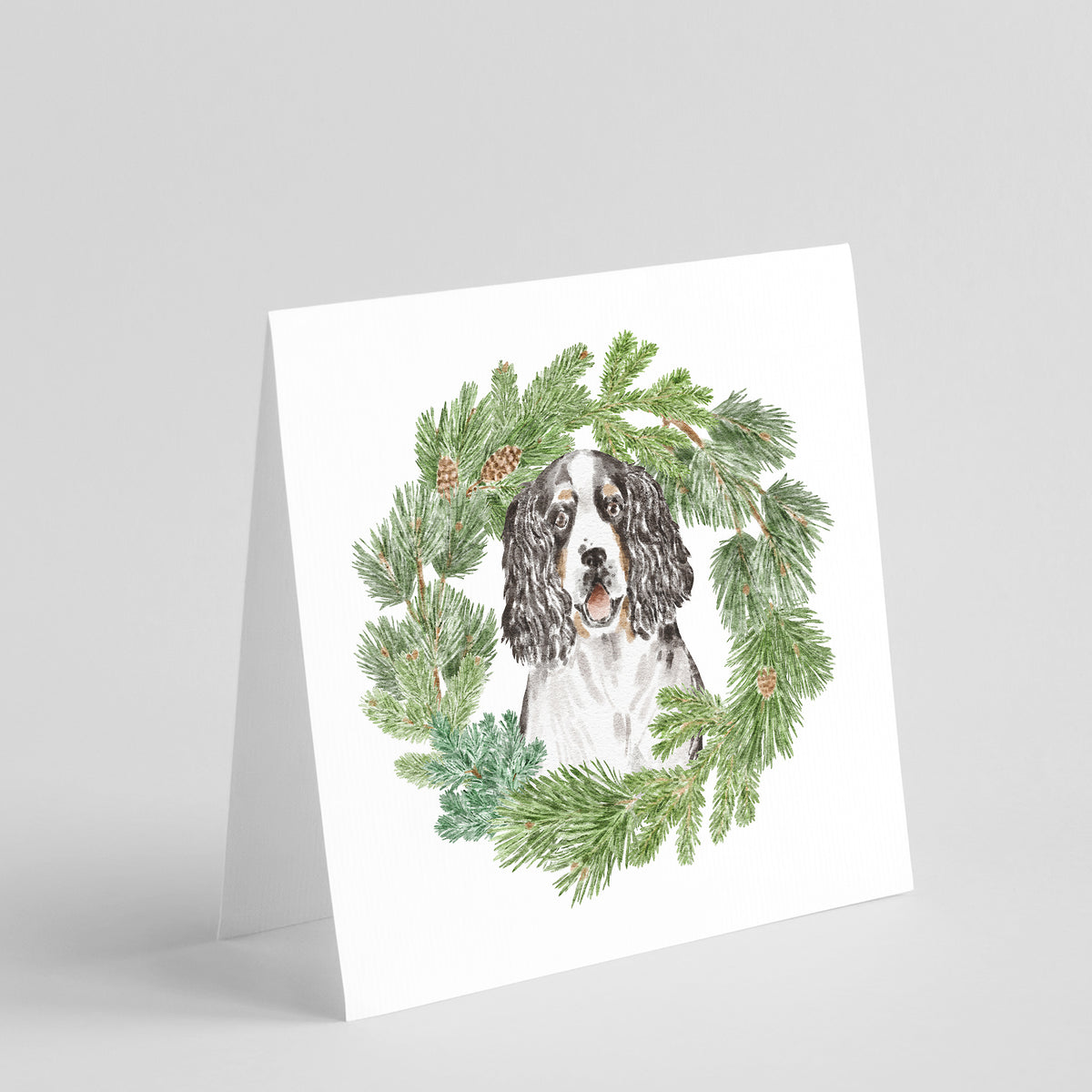 Buy this English Springer Spaniel Tricolor with Christmas Wreath Square Greeting Cards and Envelopes Pack of 8