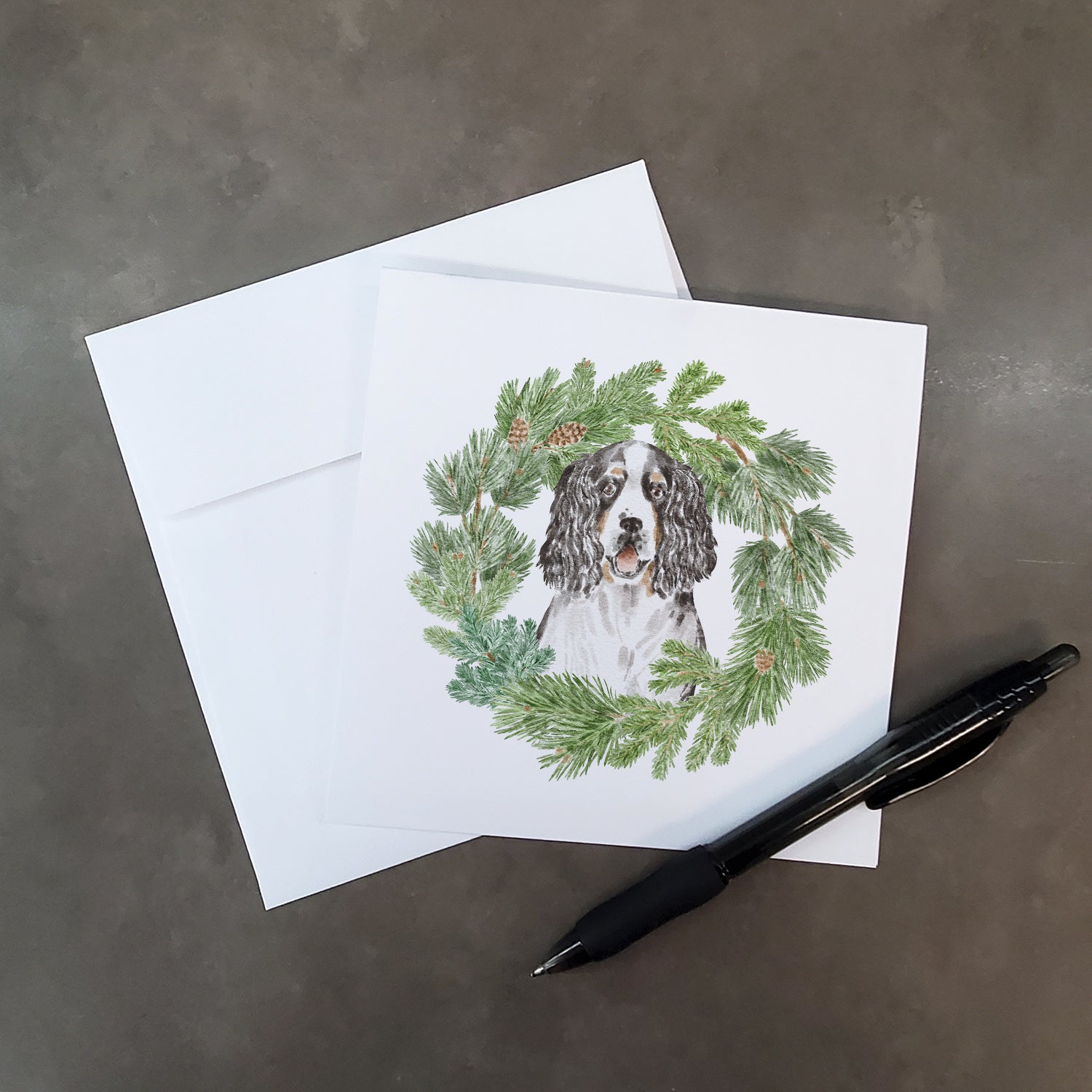 English Springer Spaniel Tricolor with Christmas Wreath Square Greeting Cards and Envelopes Pack of 8 - the-store.com
