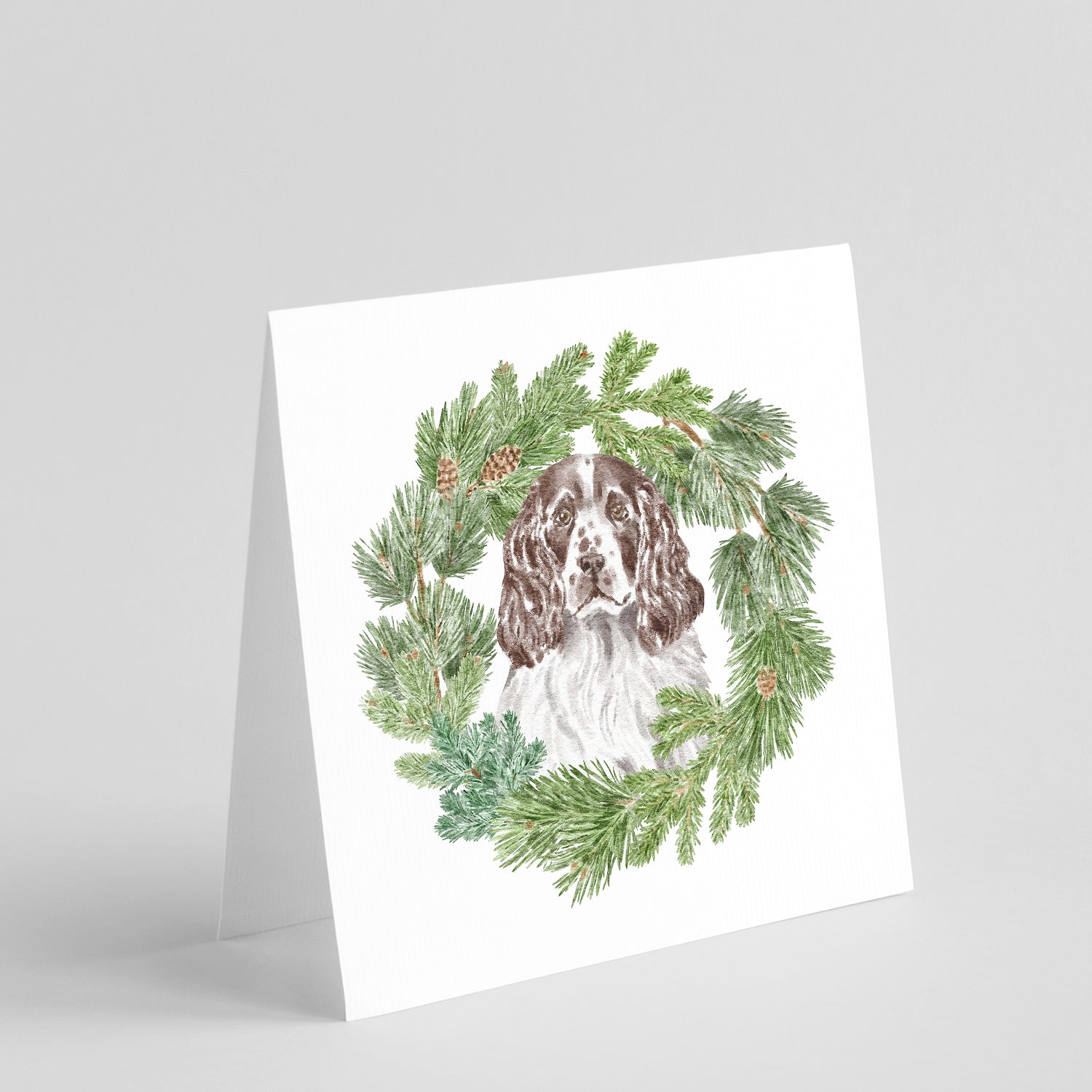 Buy this English Springer Spaniel Liver and White with Christmas Wreath Square Greeting Cards and Envelopes Pack of 8