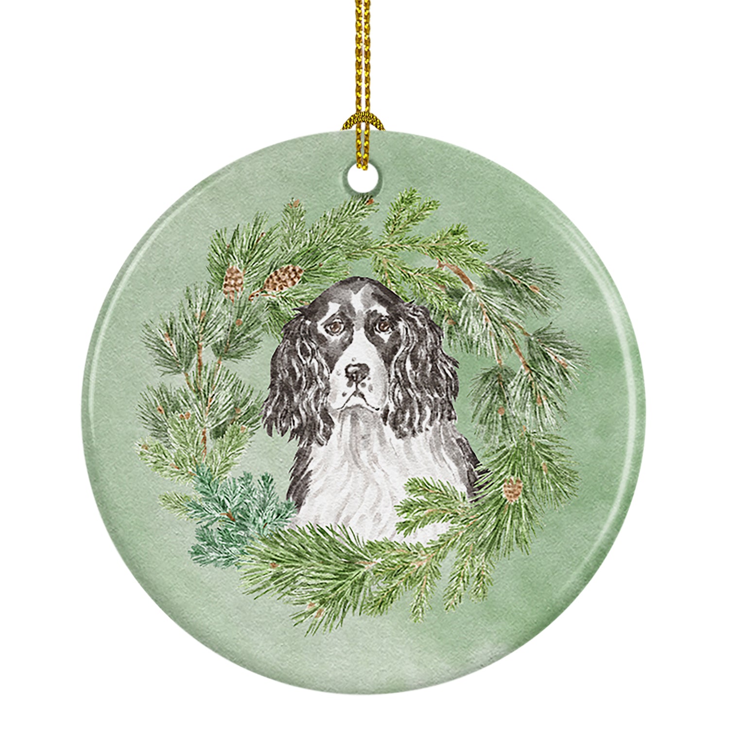 Buy this English Springer Spaniel Black and White Christmas Wreath Ceramic Ornament