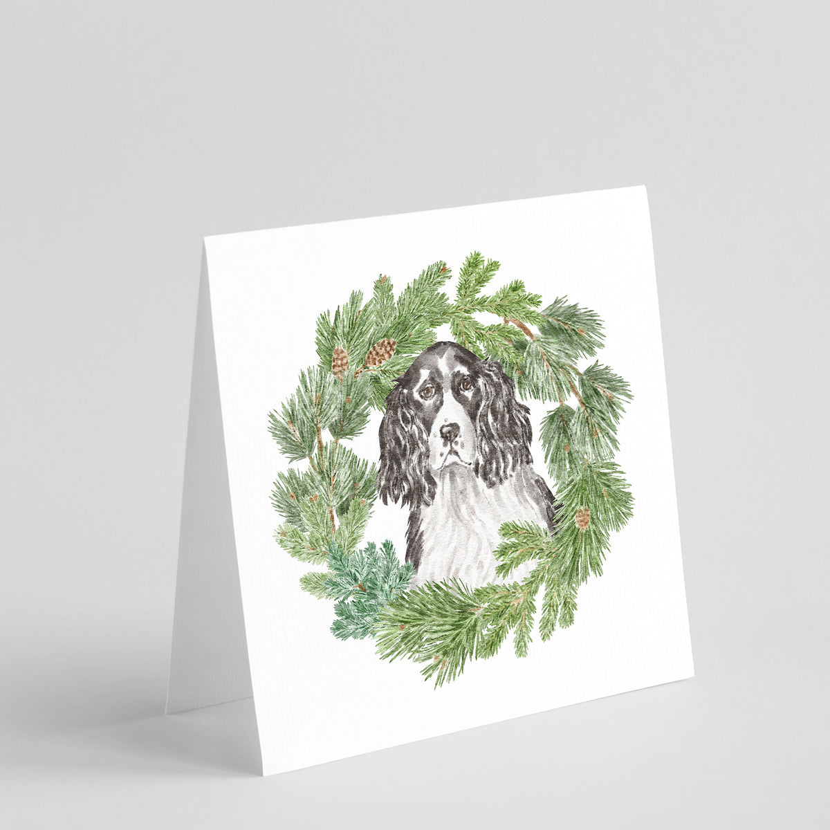 Buy this English Springer Spaniel Black and White with Christmas Wreath Square Greeting Cards and Envelopes Pack of 8