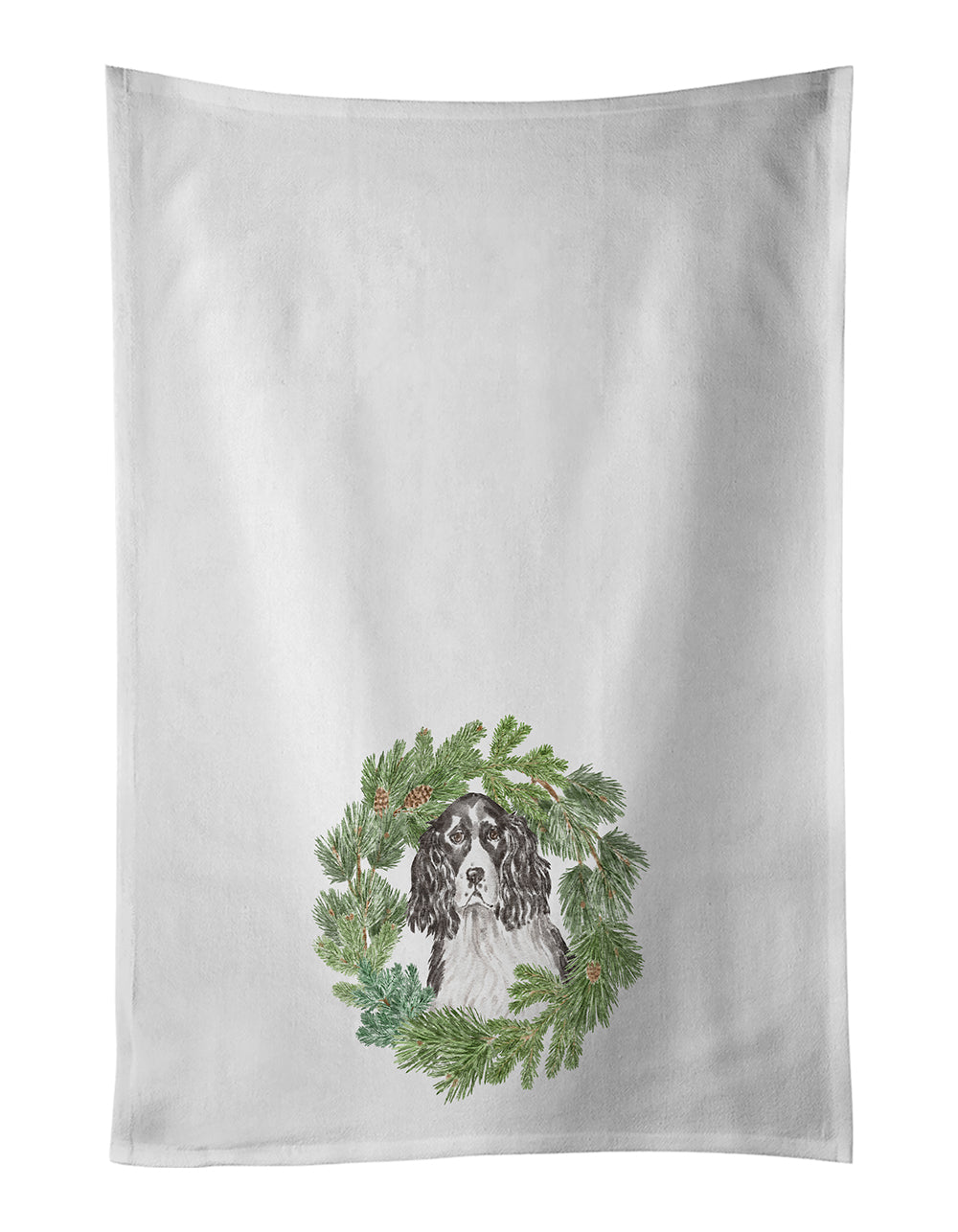 Buy this English Springer Spaniel Black and White Christmas Wreath White Kitchen Towel Set of 2