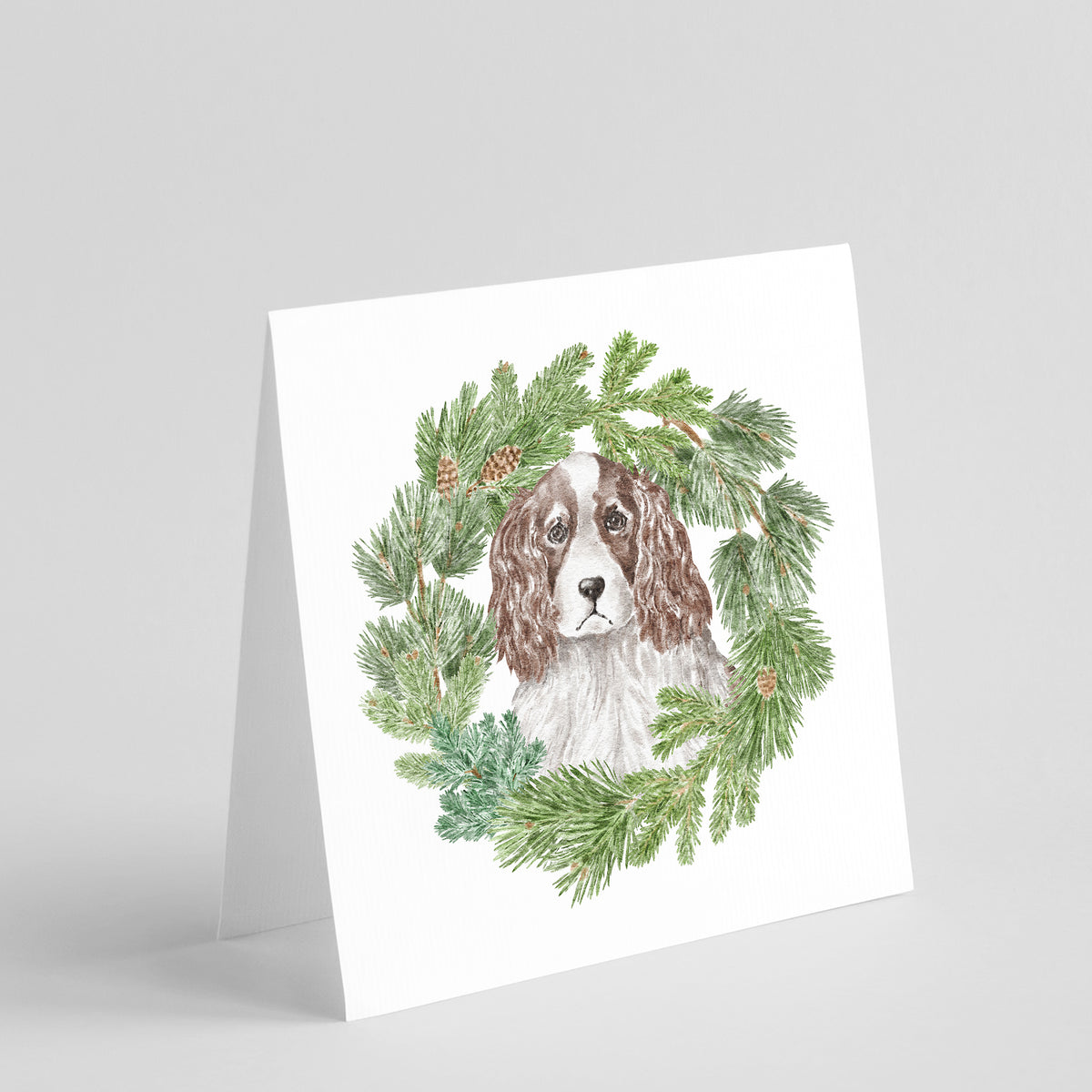 Buy this English Springer Spaniel Red and White with Christmas Wreath Square Greeting Cards and Envelopes Pack of 8