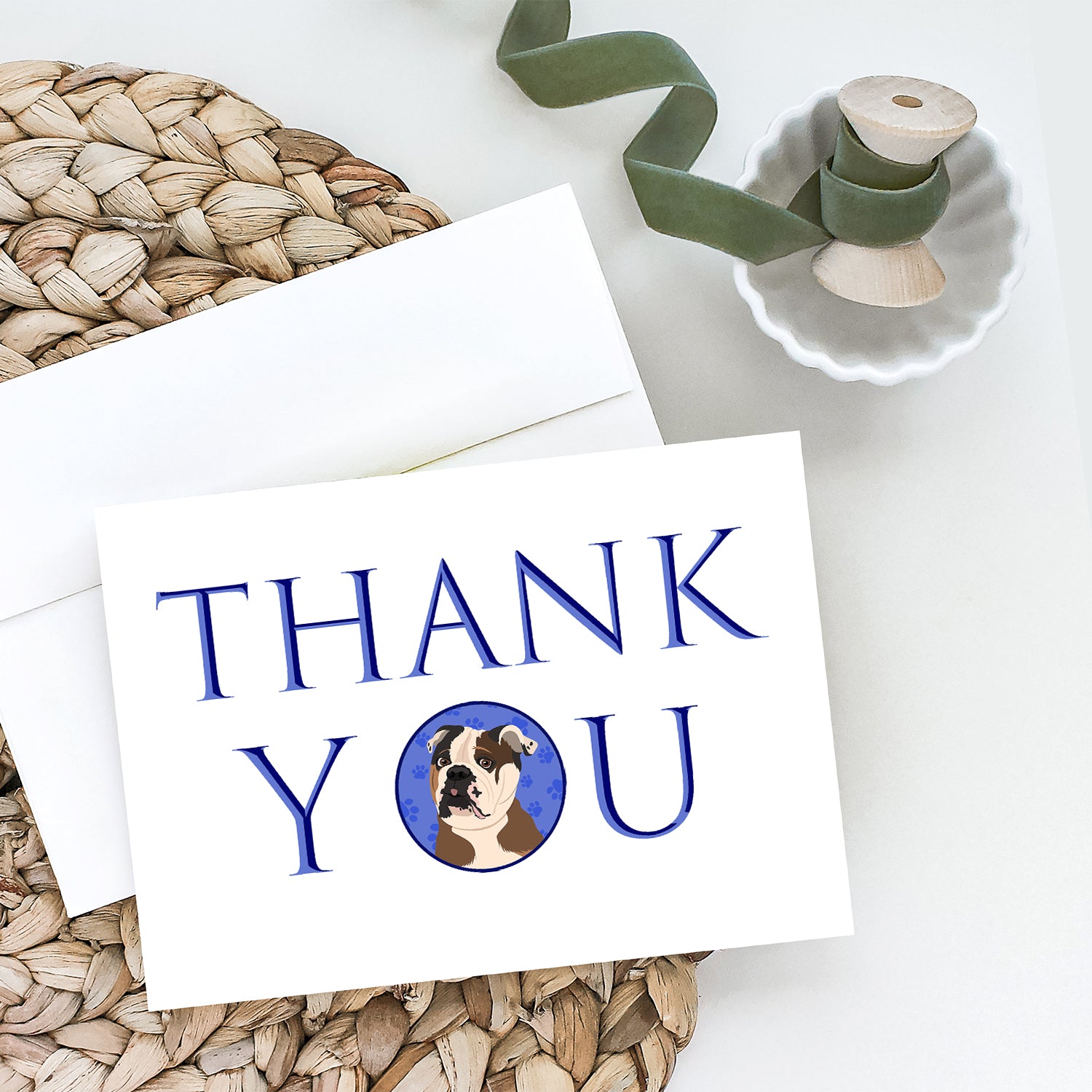 English Bulldog Chocolate Tan Thank You Greeting Cards and Envelopes Pack of 8 - the-store.com