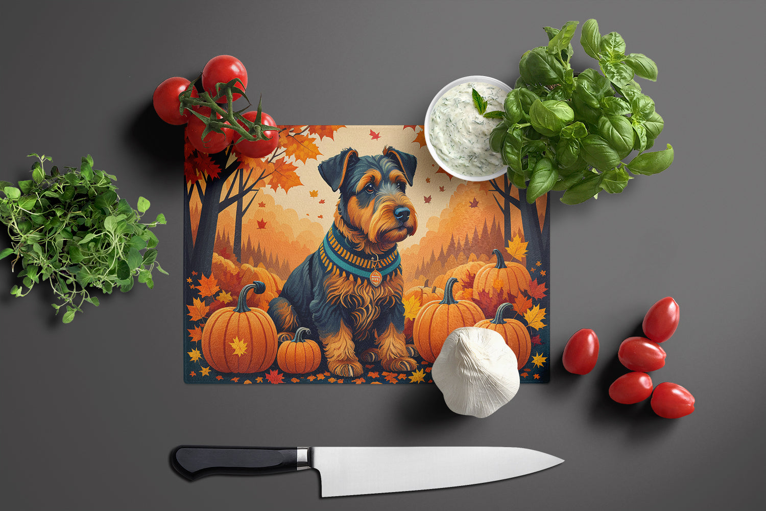 Airedale Terrier Fall Glass Cutting Board Large