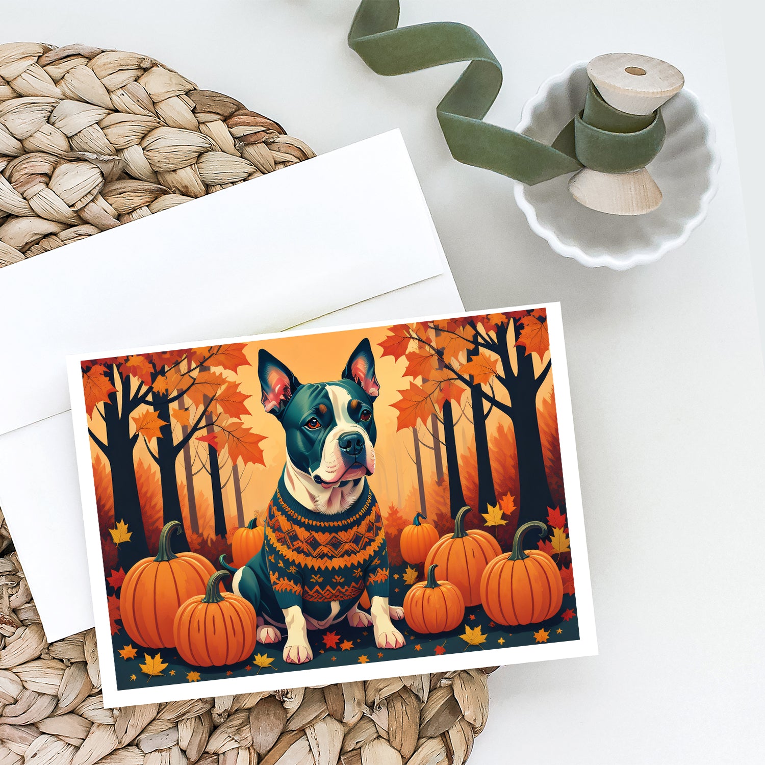 Pit Bull Terrier Fall Greeting Cards and Envelopes Pack of 8