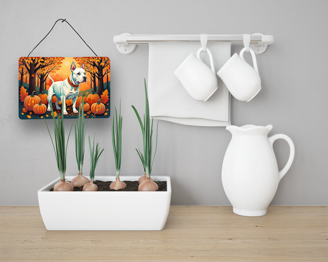 White Pit Bull Terrier Fall Wall or Door Hanging Prints
