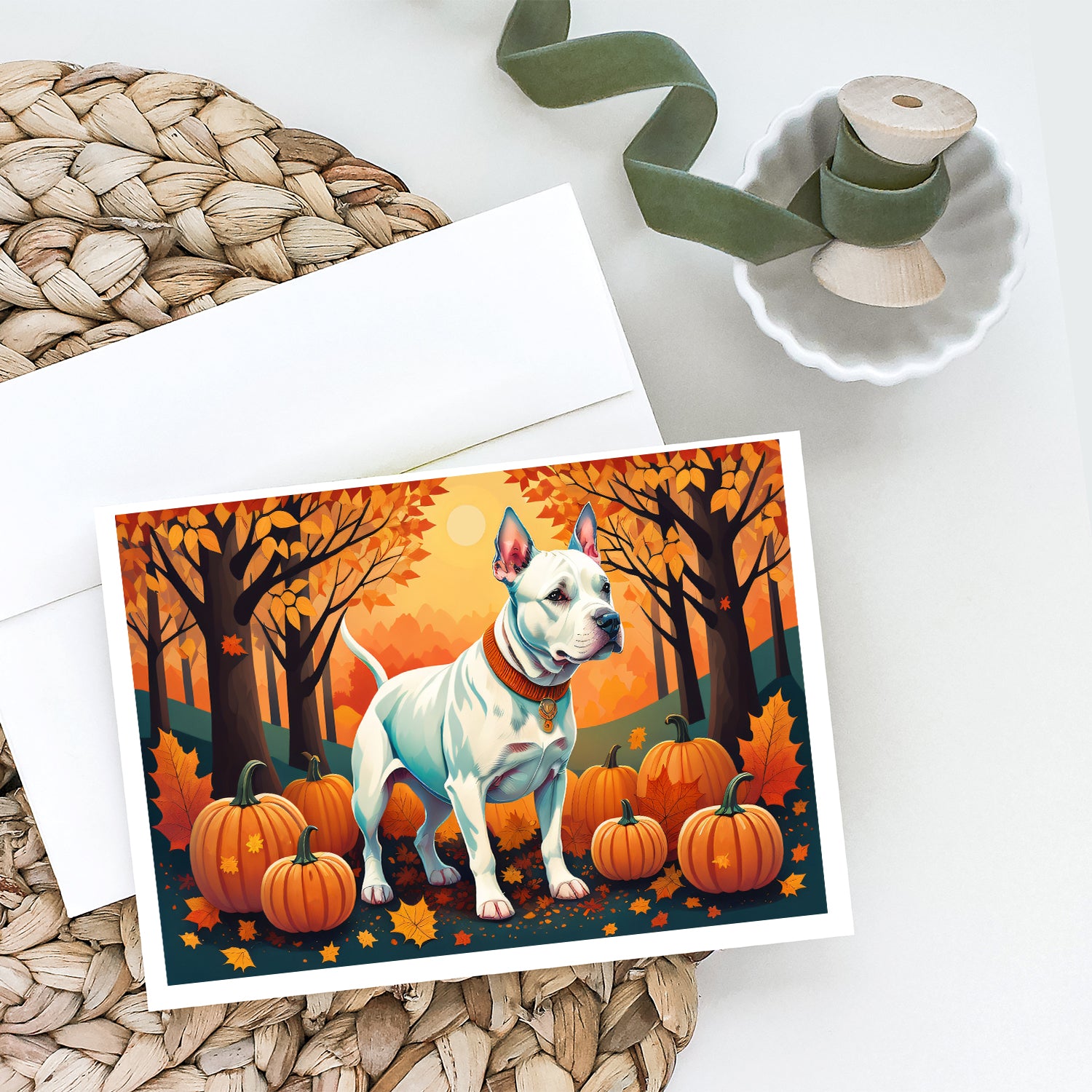 Buy this White Pit Bull Terrier Fall Greeting Cards and Envelopes Pack of 8