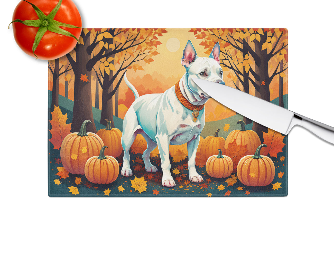 White Pit Bull Terrier Fall Glass Cutting Board Large