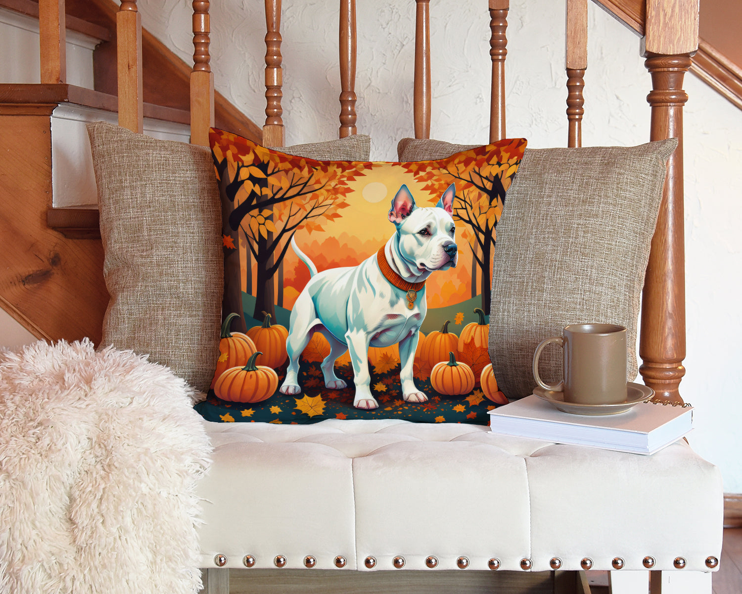 White Pit Bull Terrier Fall Fabric Decorative Pillow