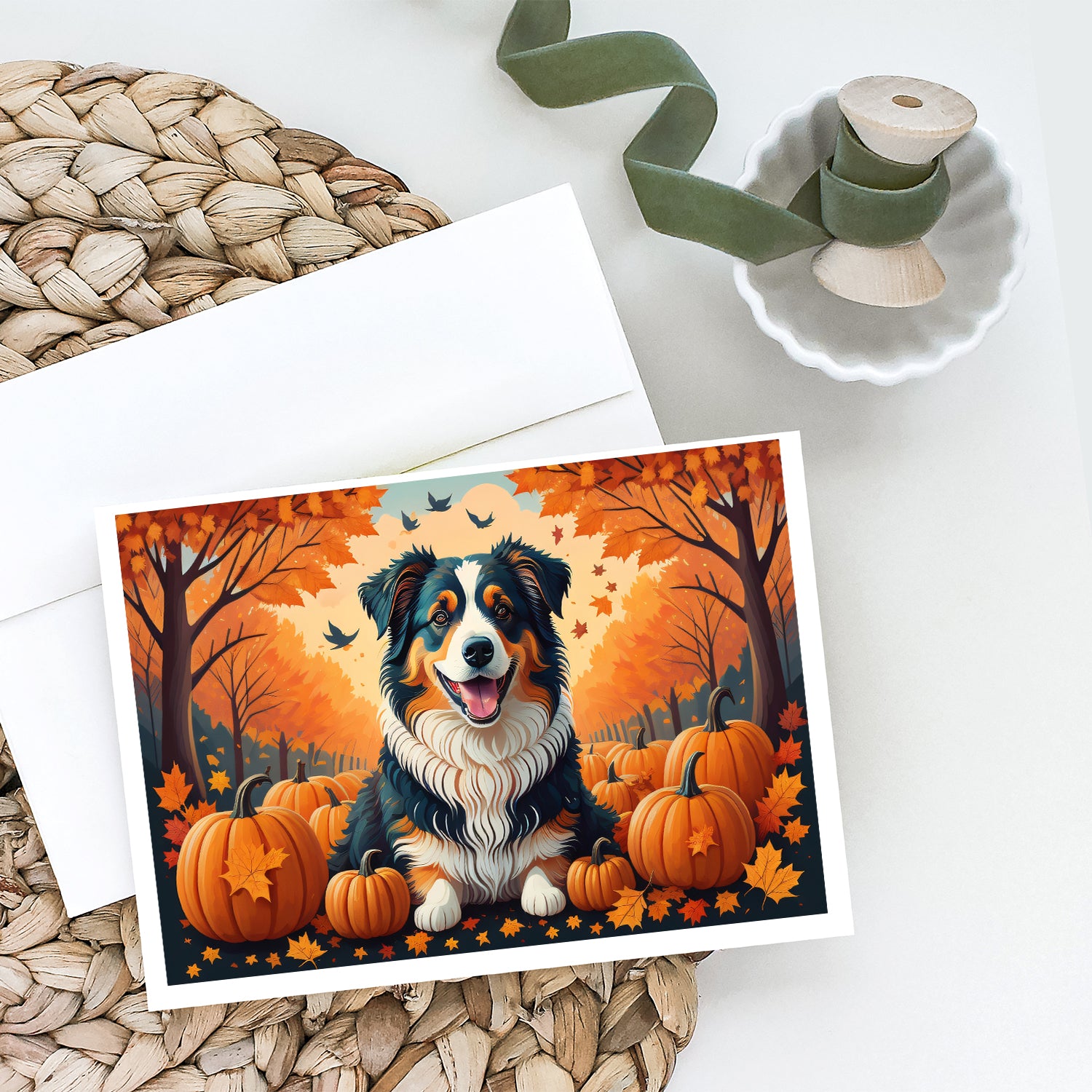 Buy this Australian Shepherd Terrier Fall Greeting Cards and Envelopes Pack of 8