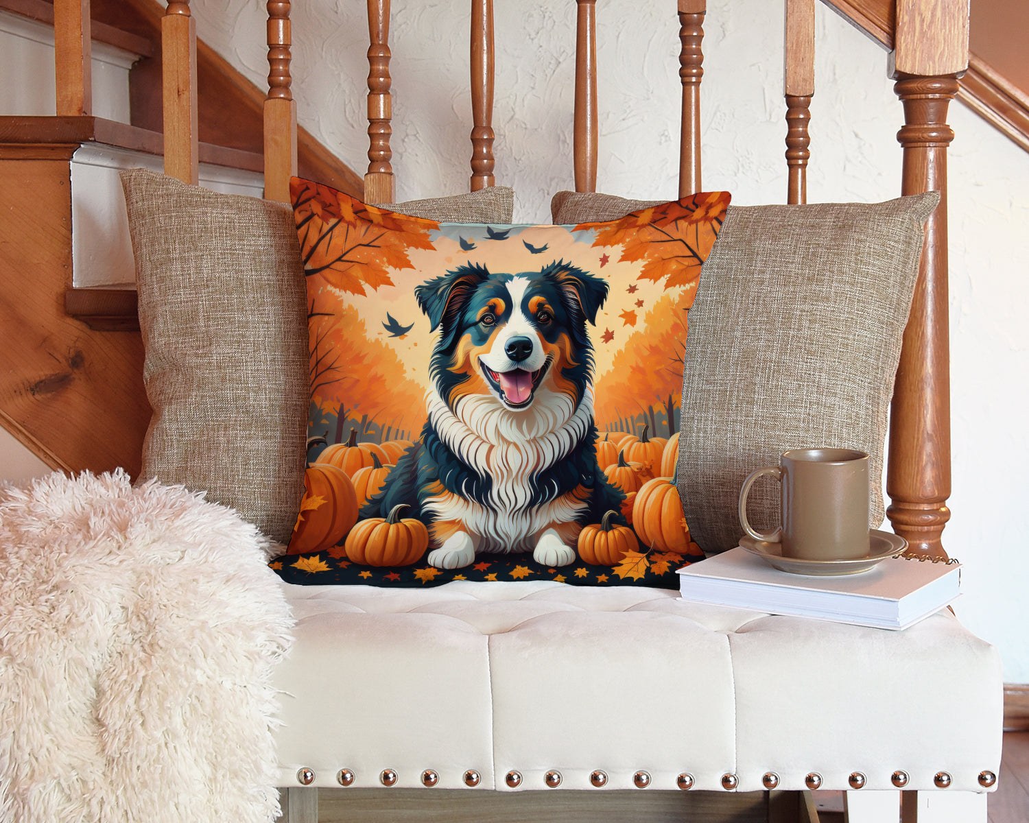 Australian Shepherd Terrier Fall Fabric Decorative Pillow