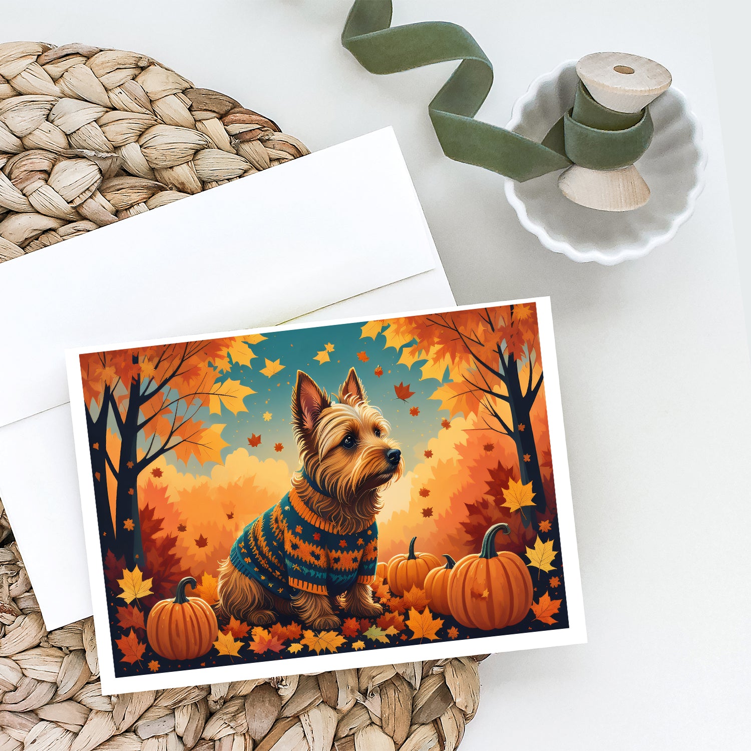 Australian Terrier Terrier Fall Greeting Cards and Envelopes Pack of 8