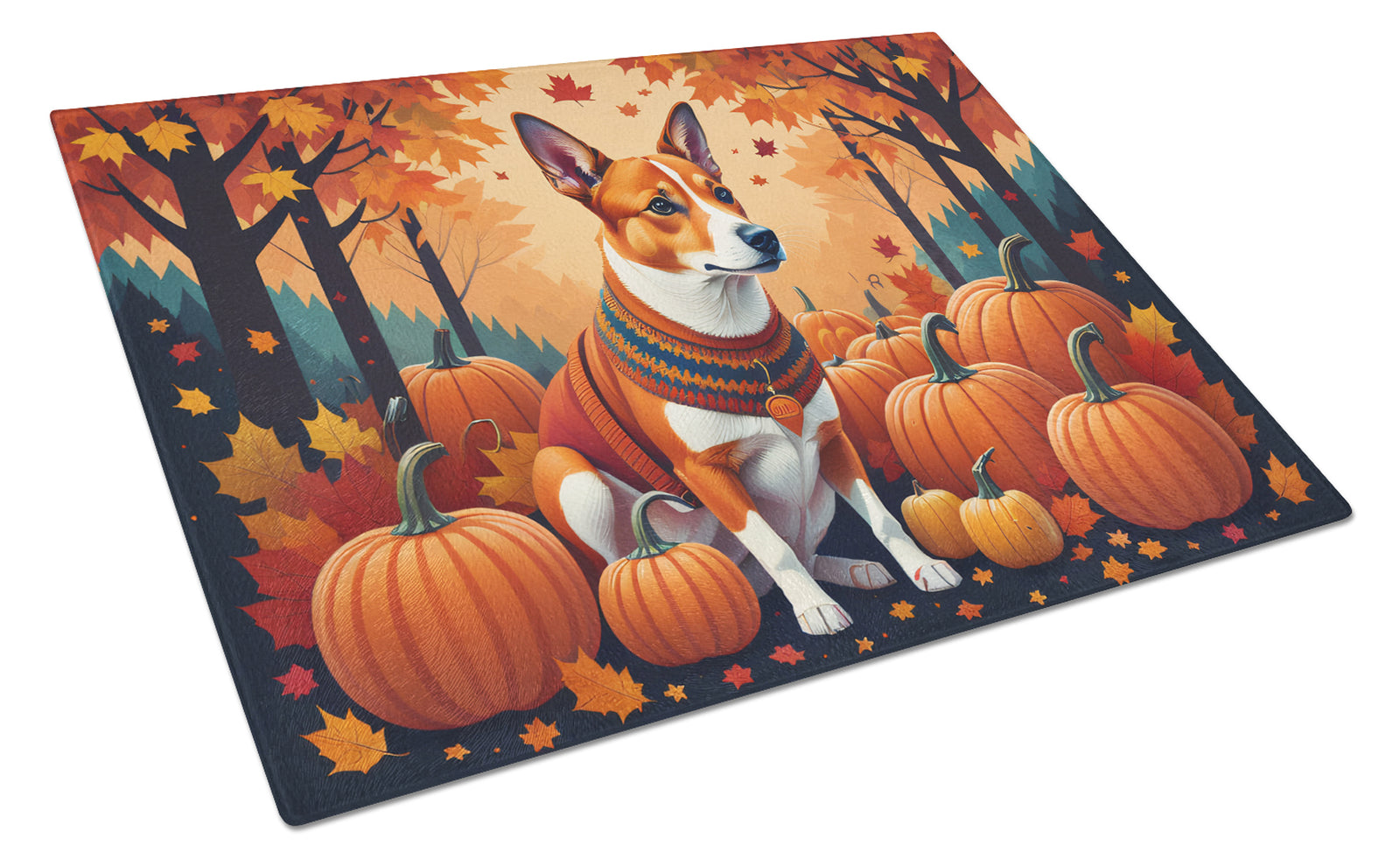 Buy this Red Basenji Fall Glass Cutting Board Large