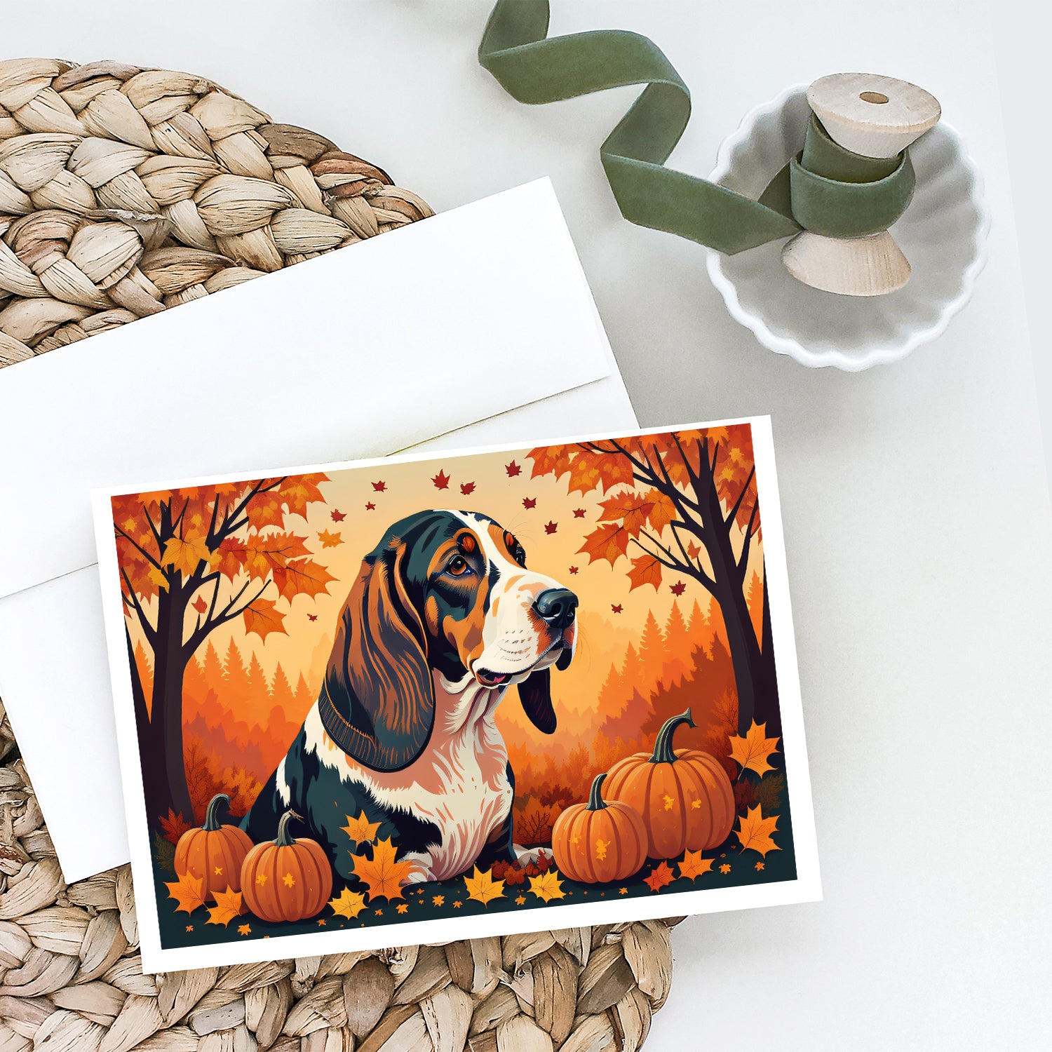 Basset Hound Fall Greeting Cards and Envelopes Pack of 8