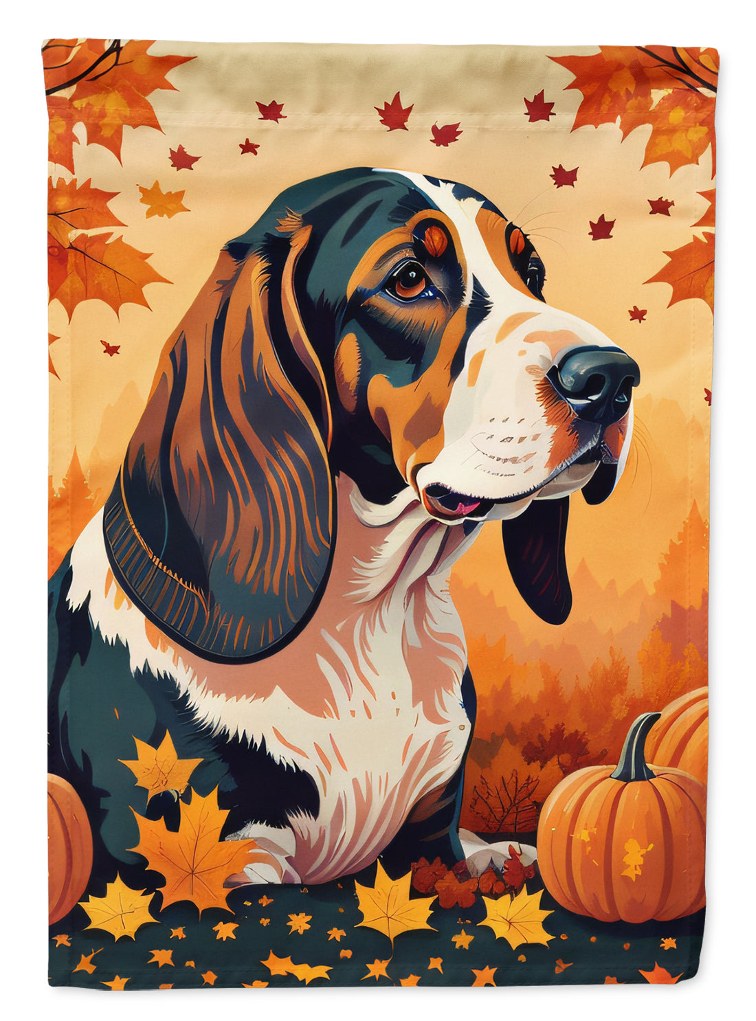 Caroline's Treasures Basset Hound Fall Garden Flag – Dog Surrounded by Pumpkins & Autumn Leaves