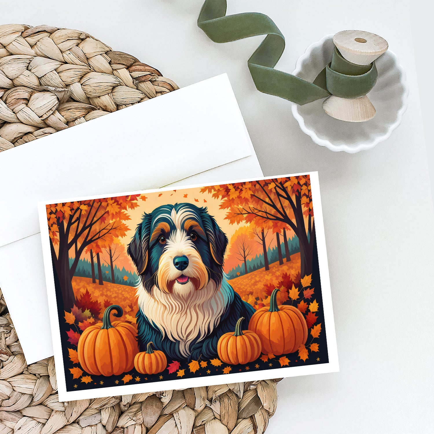 Bearded Collie Fall Greeting Cards and Envelopes Pack of 8