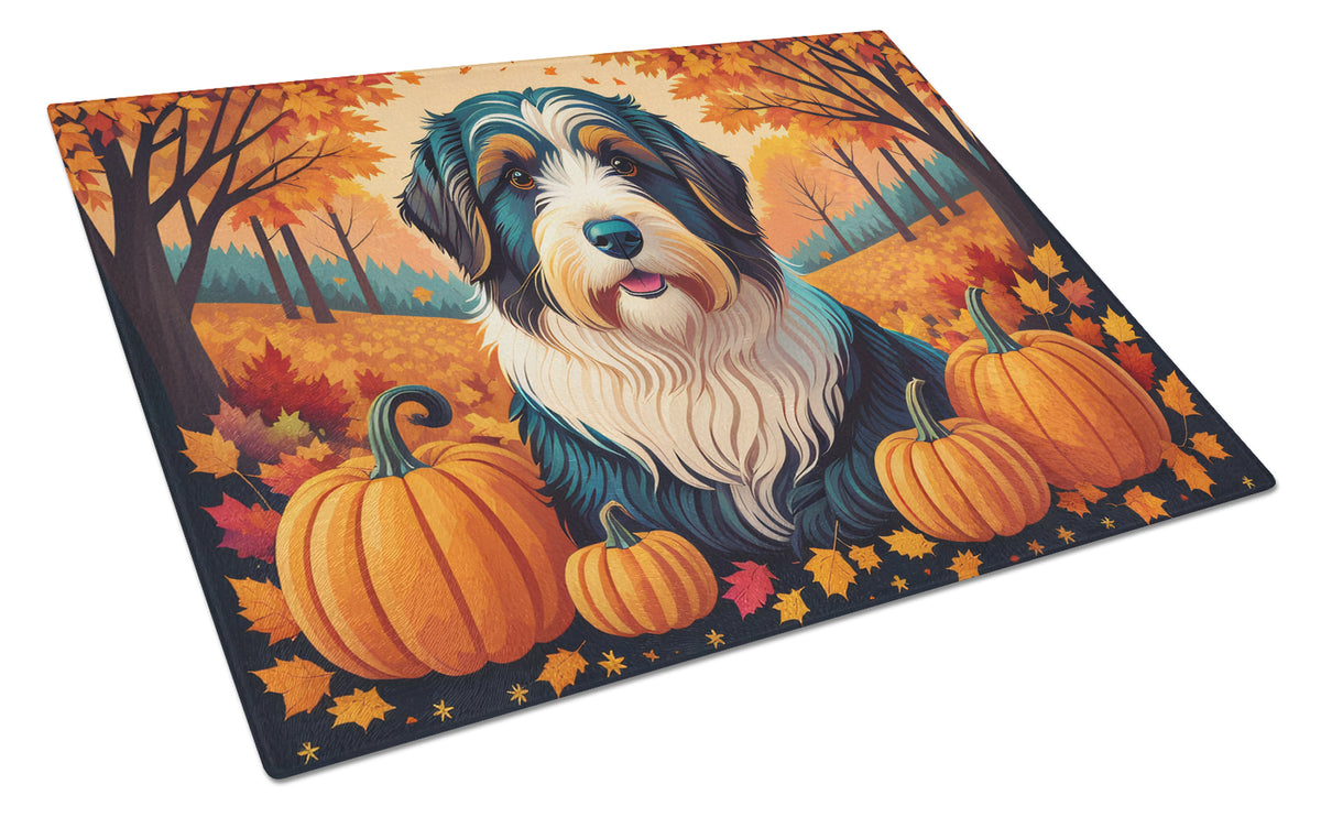 Buy this Bearded Collie Fall Glass Cutting Board Large