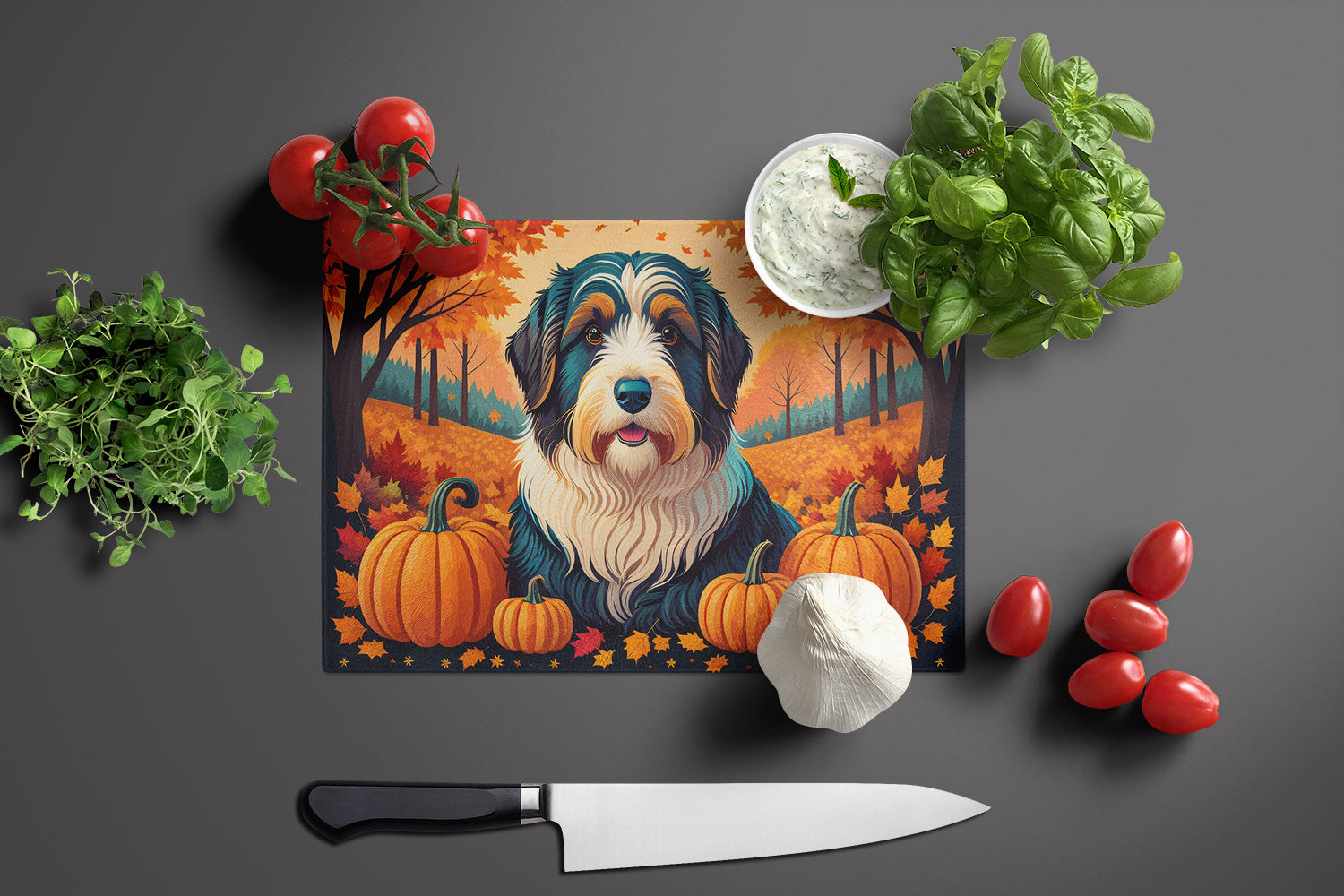 Bearded Collie Fall Glass Cutting Board Large
