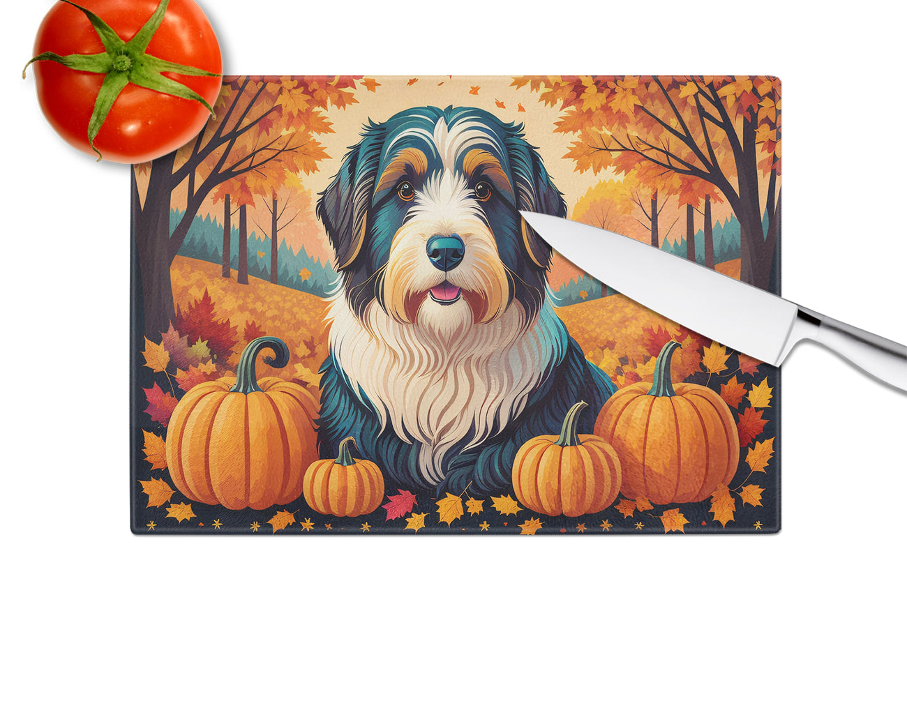 Bearded Collie Fall Glass Cutting Board Large