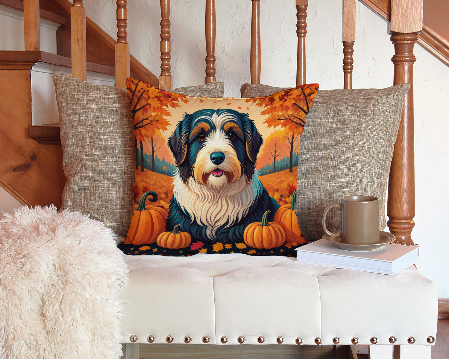 Bearded Collie Fall Fabric Decorative Pillow