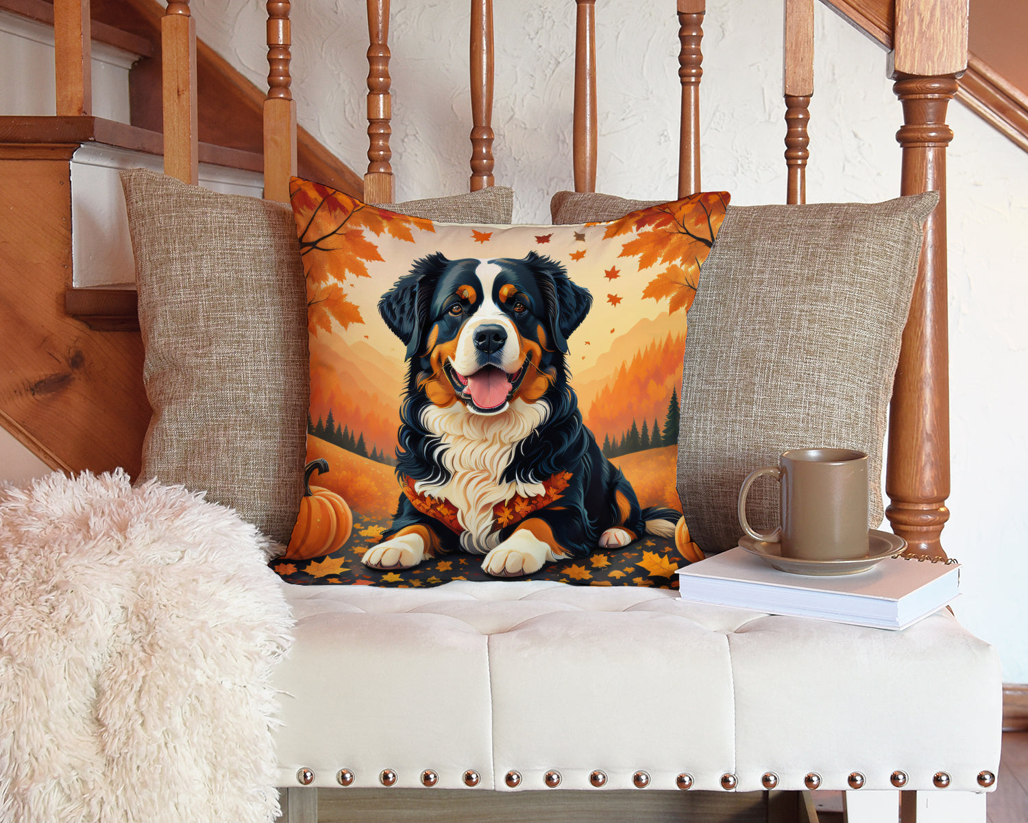 Bernese Mountain Dog Fall Fabric Decorative Pillow