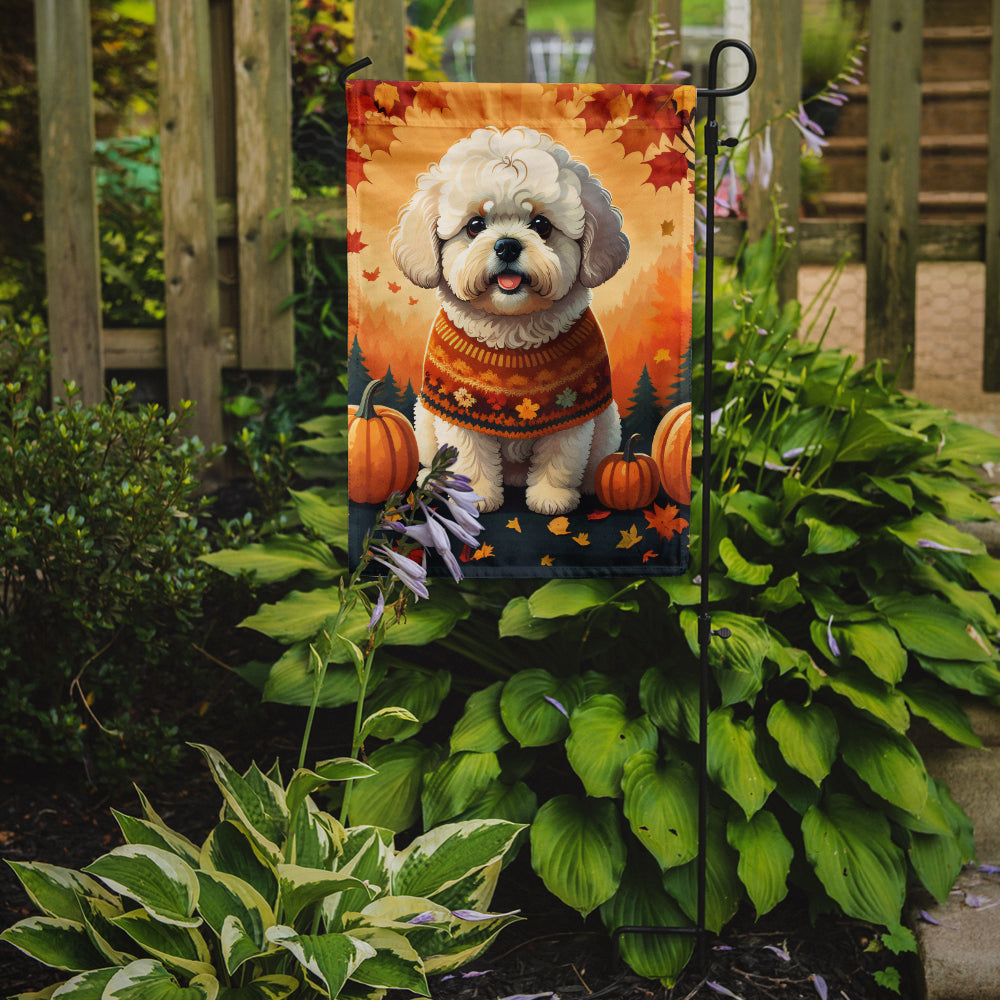 Caroline's Treasures Bichon Frise Fall Garden Flag – Dog Surrounded by Pumpkins & Autumn Leaves