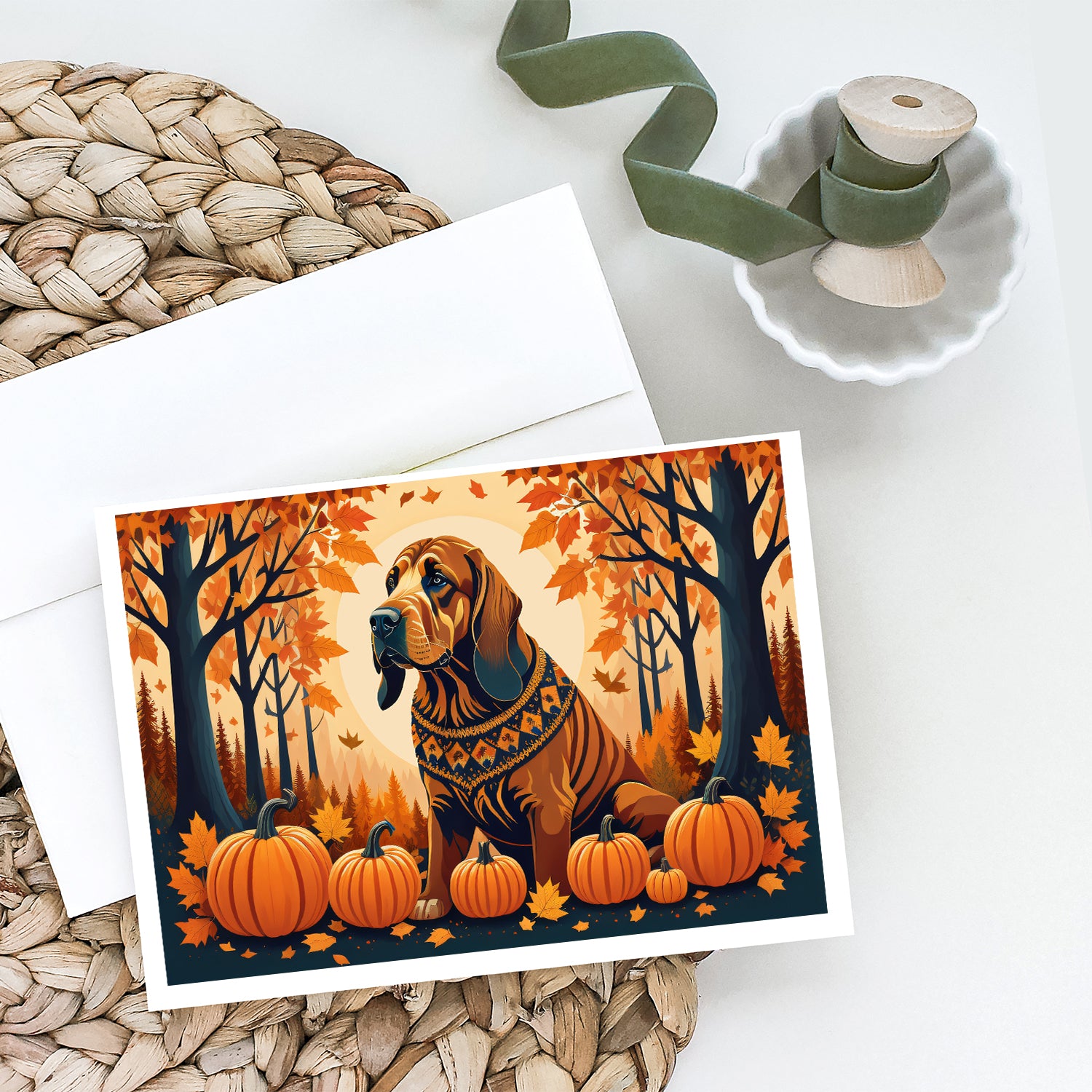 Bloodhound Fall Greeting Cards and Envelopes Pack of 8