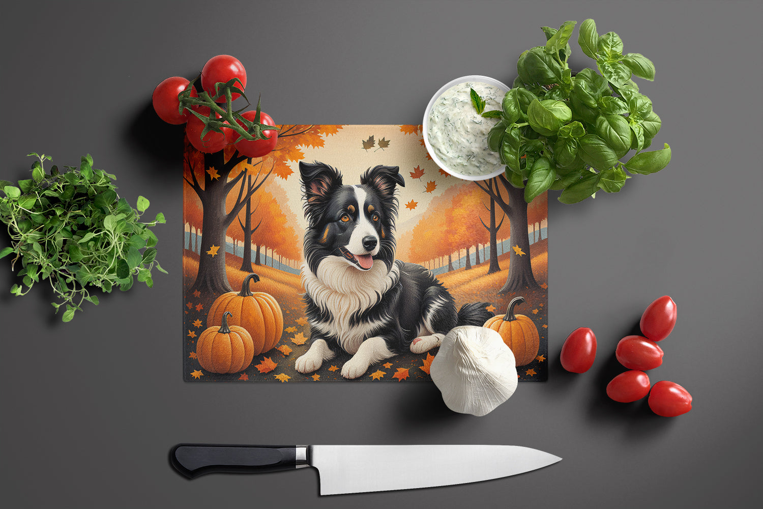 Border Collie Fall Glass Cutting Board Large