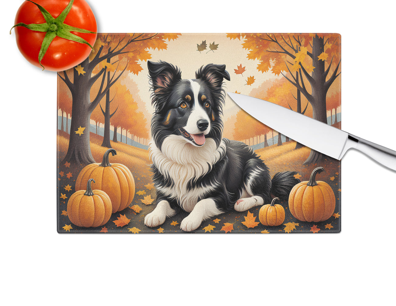 Border Collie Fall Glass Cutting Board Large