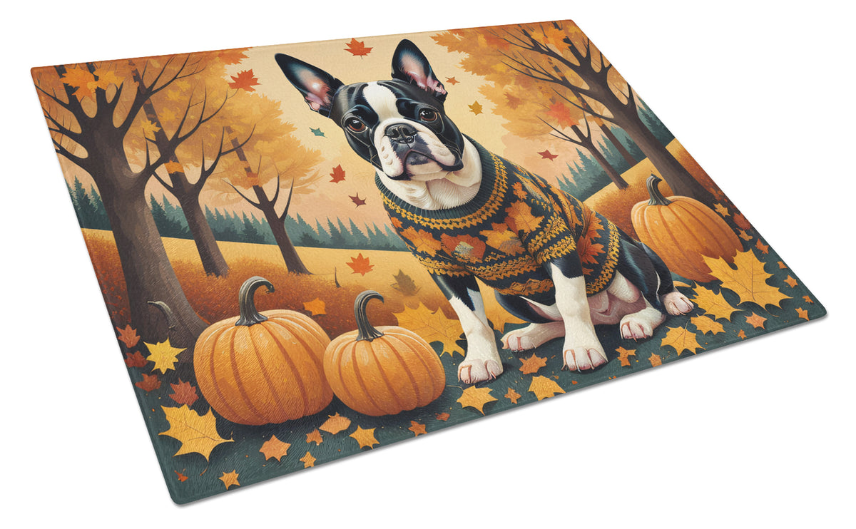 Buy this Boston Terrier Fall Glass Cutting Board Large