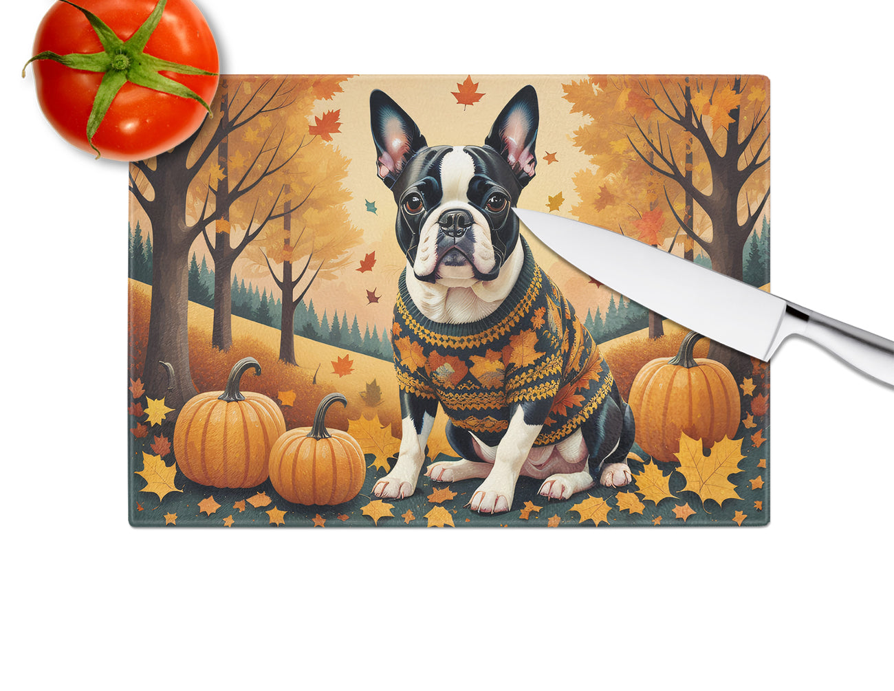 Boston Terrier Fall Glass Cutting Board Large