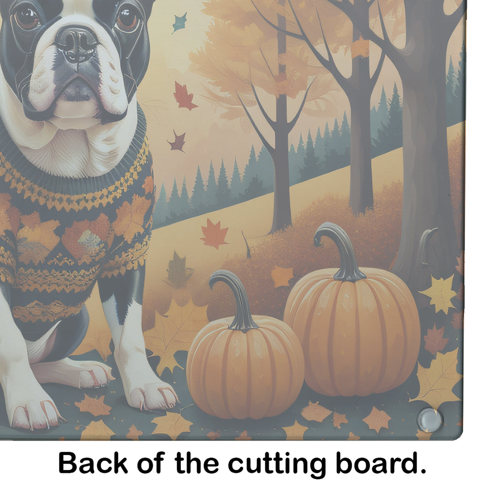 Boston Terrier Fall Glass Cutting Board Large