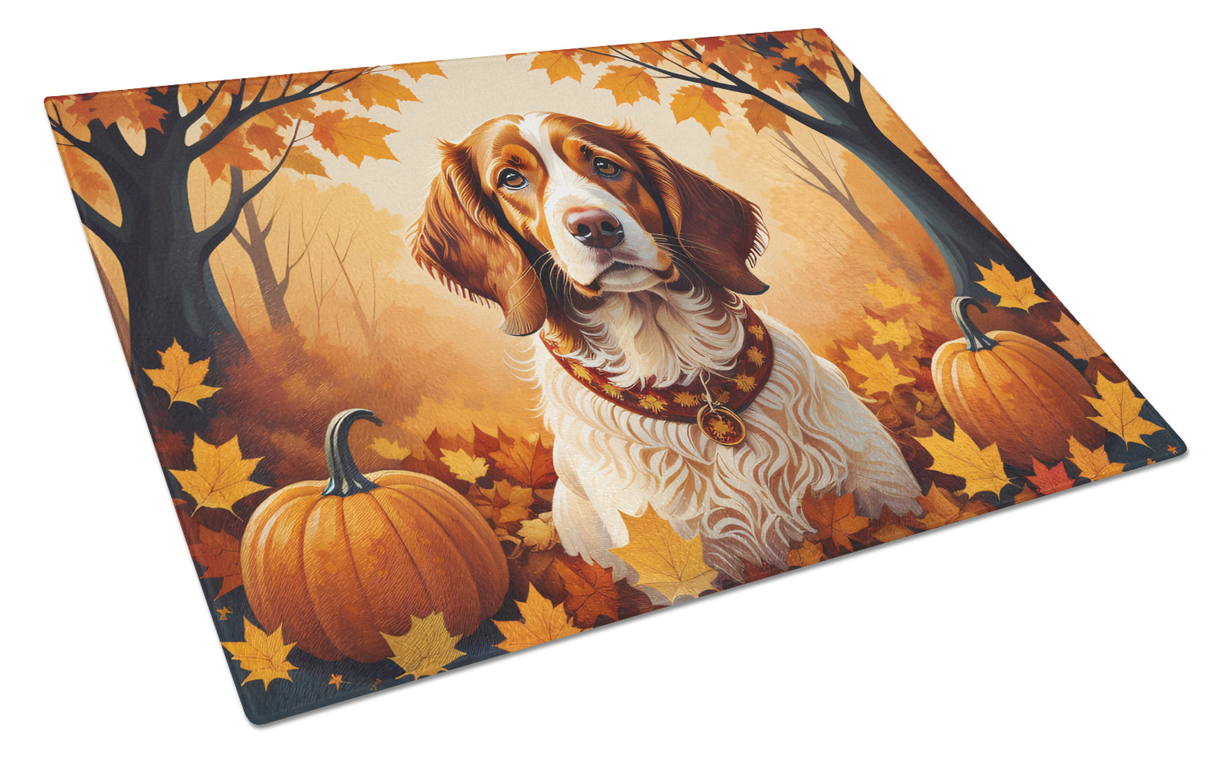 Buy this Brittany Spaniel Fall Glass Cutting Board Large