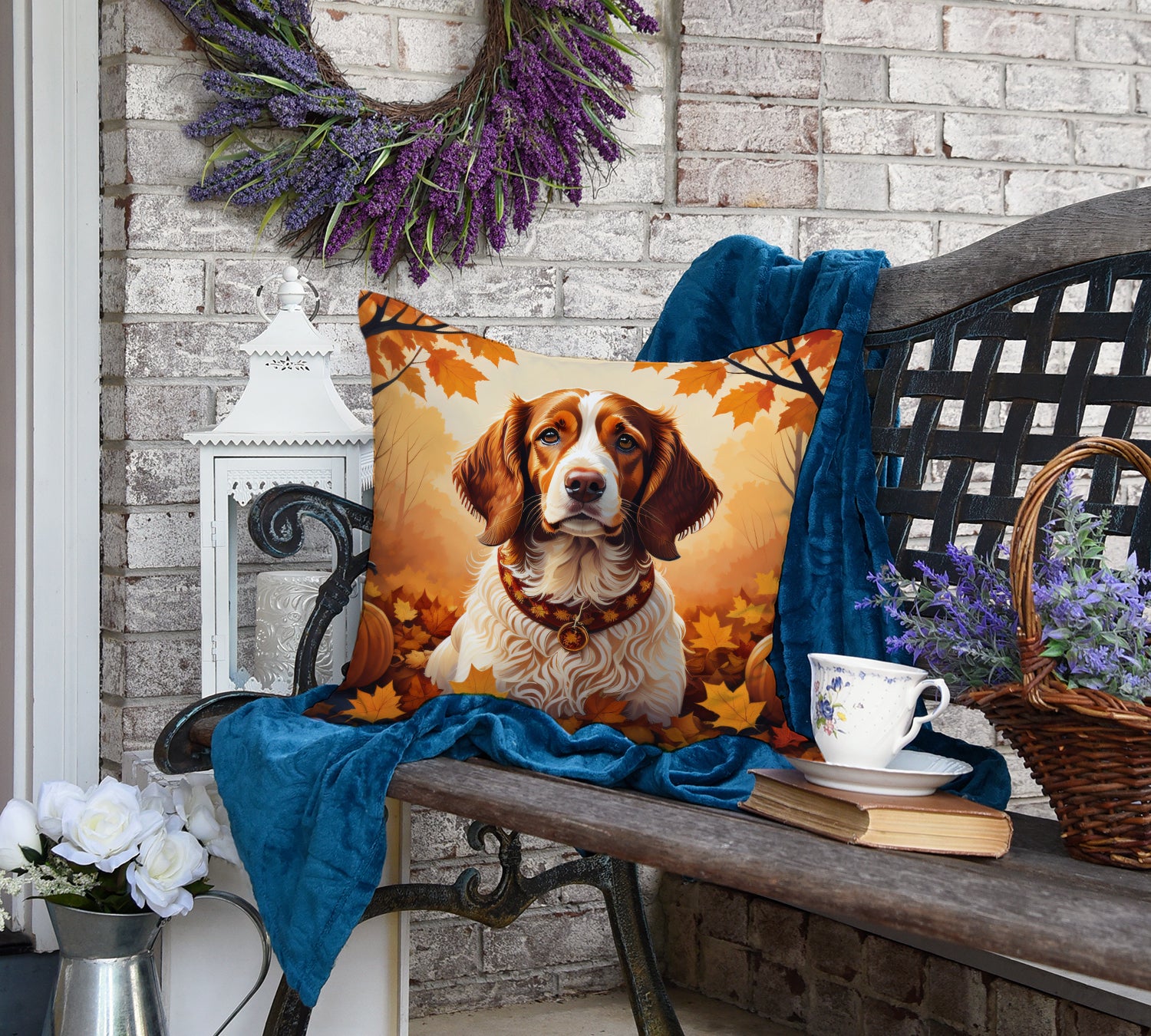Brittany Spaniel Fall Fabric Decorative Pillow