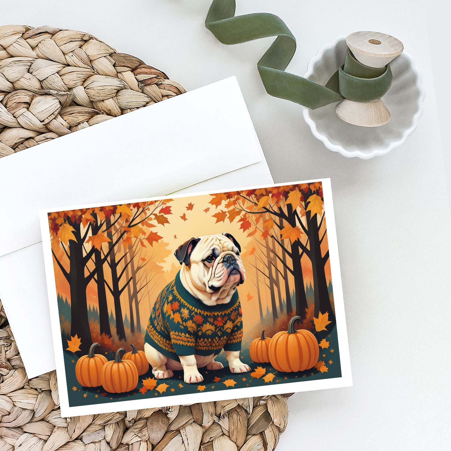 Buy this White English Bulldog Fall Greeting Cards and Envelopes Pack of 8