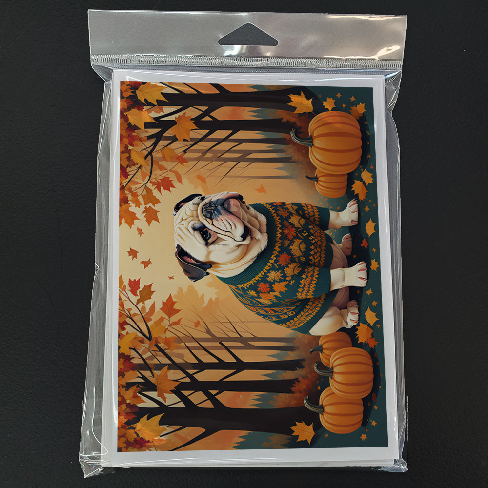 White English Bulldog Fall Greeting Cards and Envelopes Pack of 8