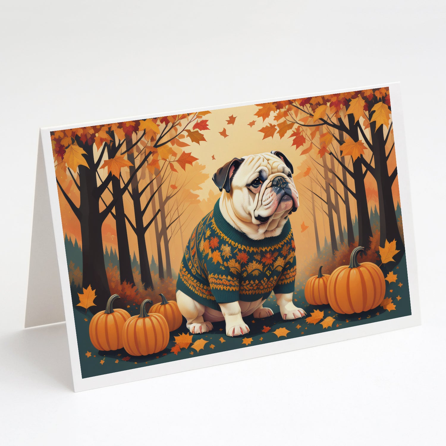 Buy this White English Bulldog Fall Greeting Cards and Envelopes Pack of 8