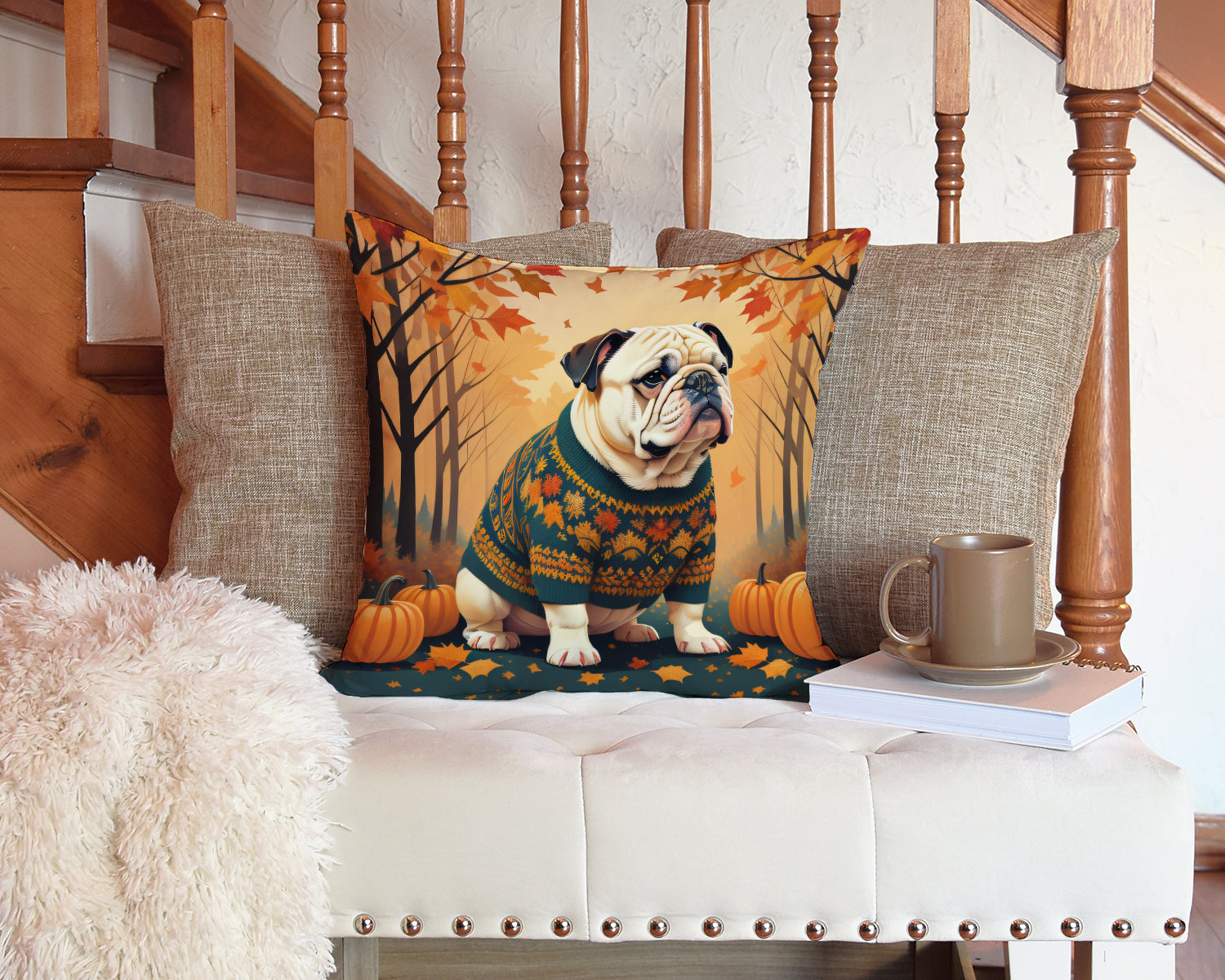 White English Bulldog Fall Fabric Decorative Pillow