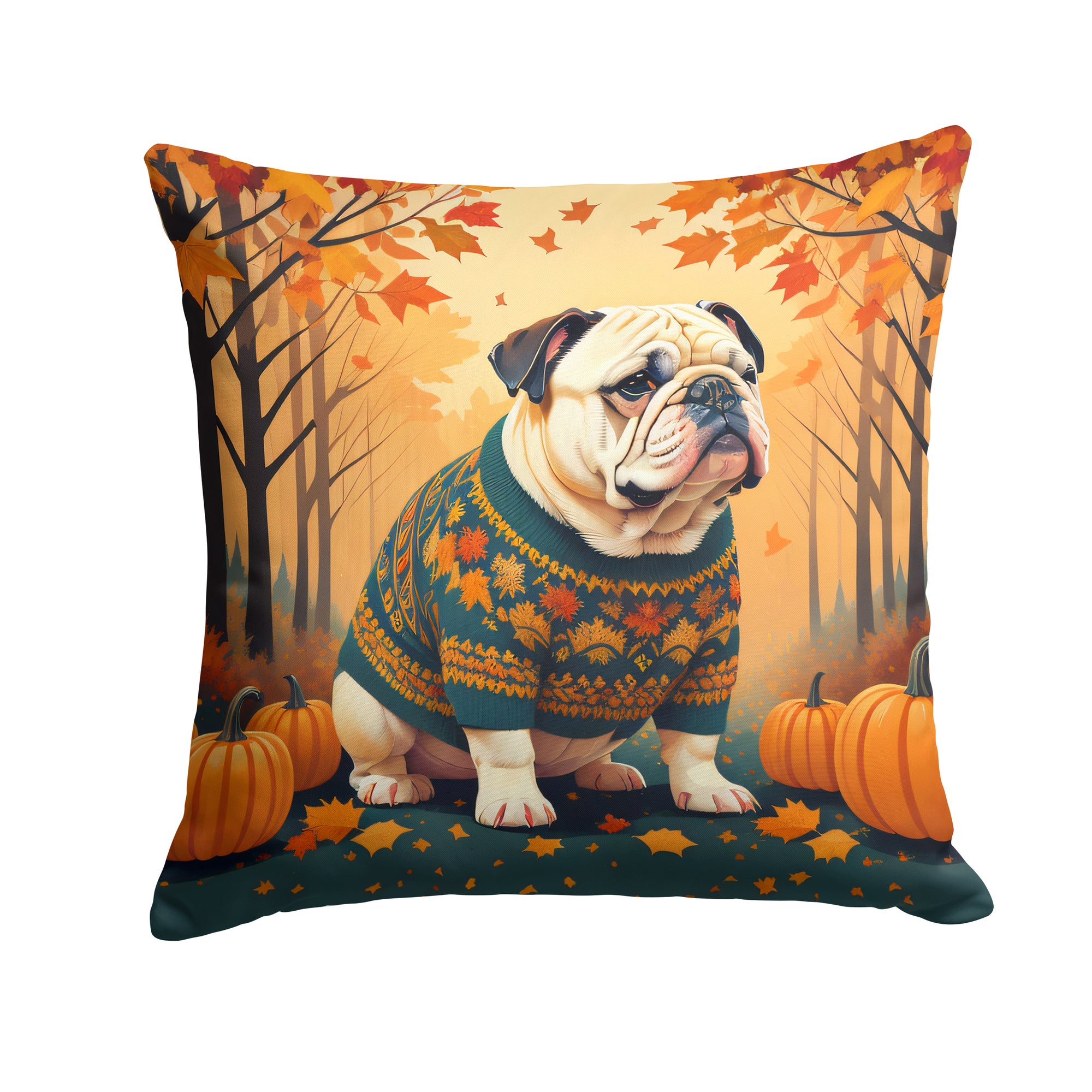 Buy this White English Bulldog Fall Fabric Decorative Pillow