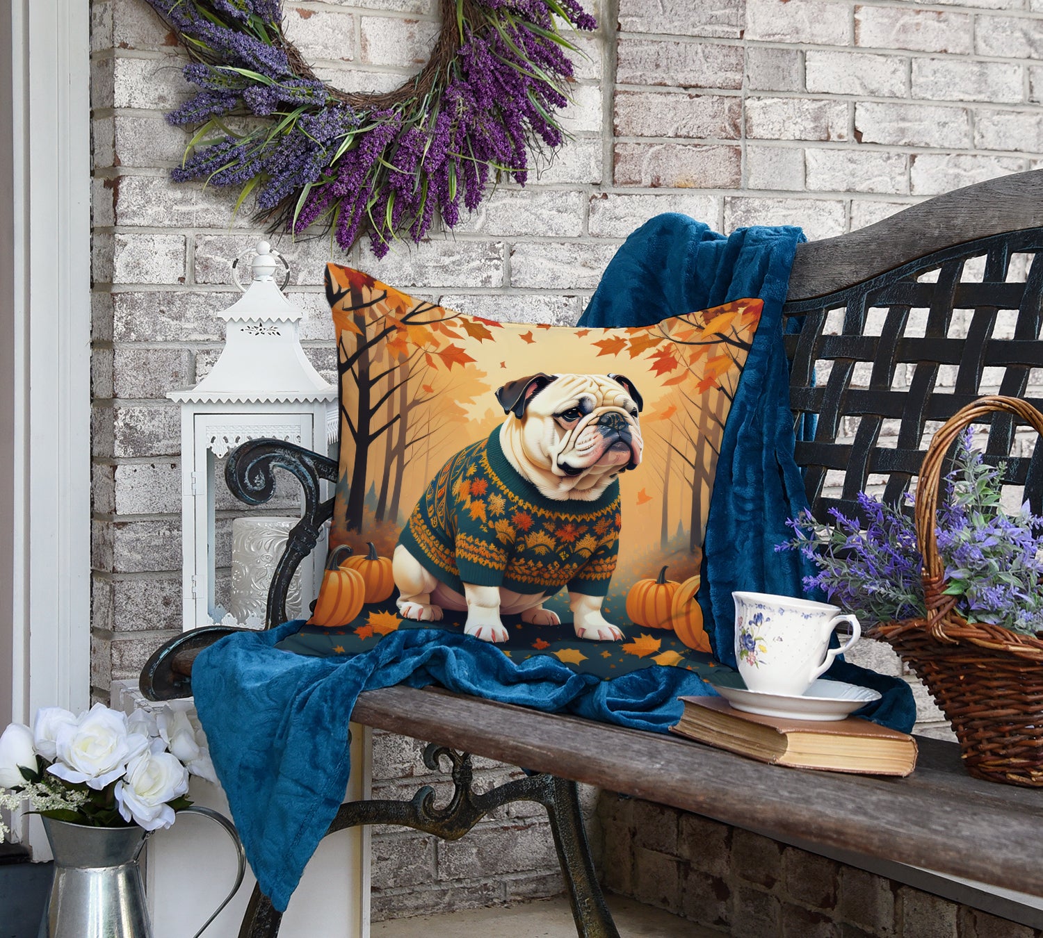Buy this White English Bulldog Fall Fabric Decorative Pillow