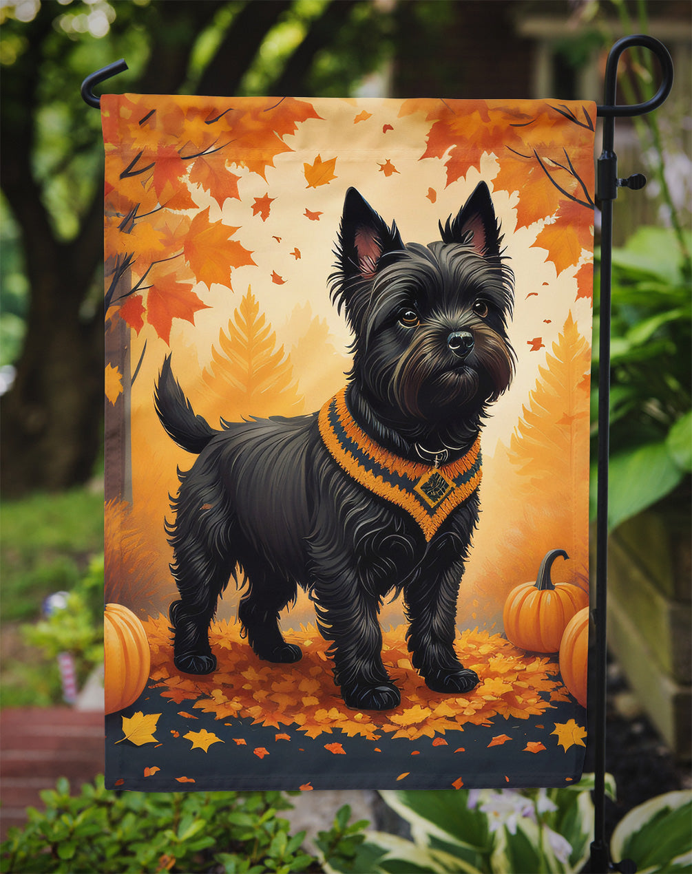 Caroline's Treasures Black Cairn Terrier Fall Garden Flag – Dog Surrounded by Pumpkins & Autumn Leaves