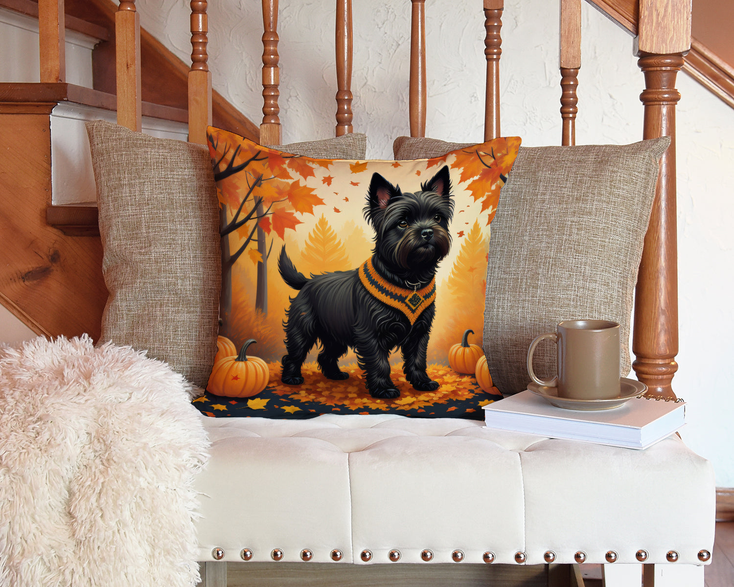 Black Cairn Terrier Fall Fabric Decorative Pillow