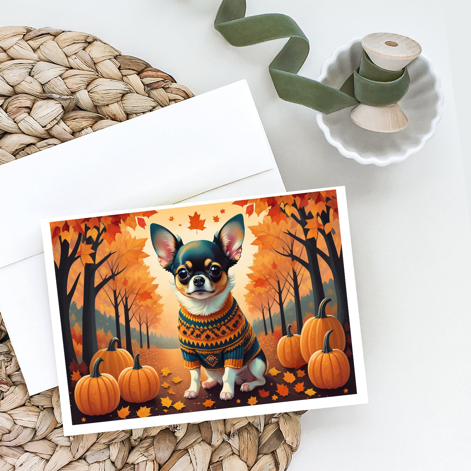 Tricolor Chihuahua Fall Greeting Cards and Envelopes Pack of 8